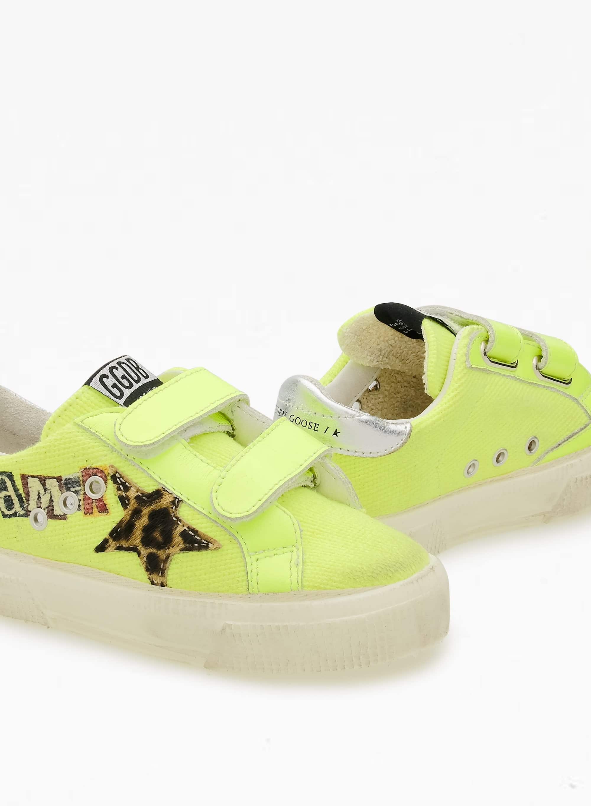 Kids | May School Canvas Upper with "Dreamer Rebel" Print | Yellow Fluo x Beige Brown Leo x Silver - Image 2