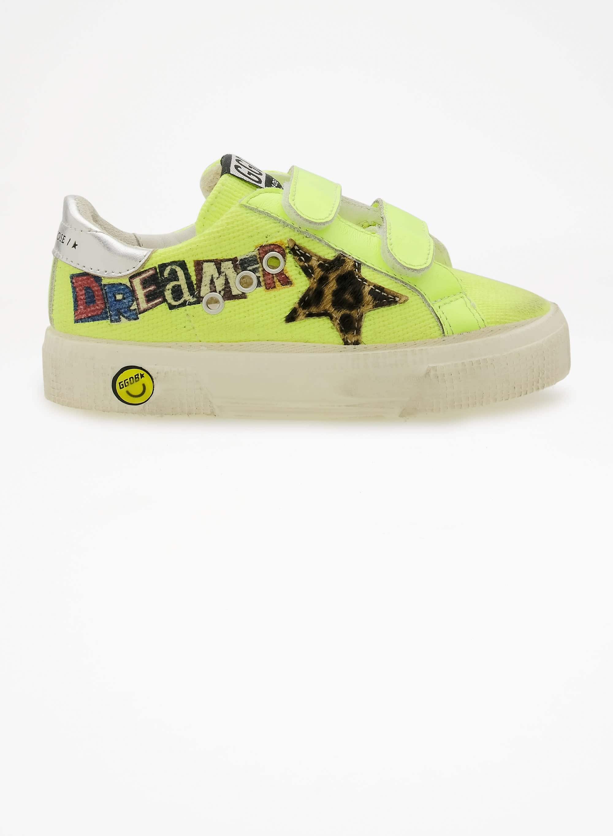 Kids | May School Canvas Upper with "Dreamer Rebel" Print | Yellow Fluo x Beige Brown Leo x Silver - Image 5