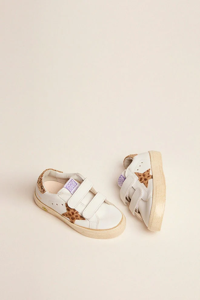 Kids | May School Leather Upper & Stripes Giraffe Horsy | White x Cream Light Brown Giraffe x Gold - Image 2