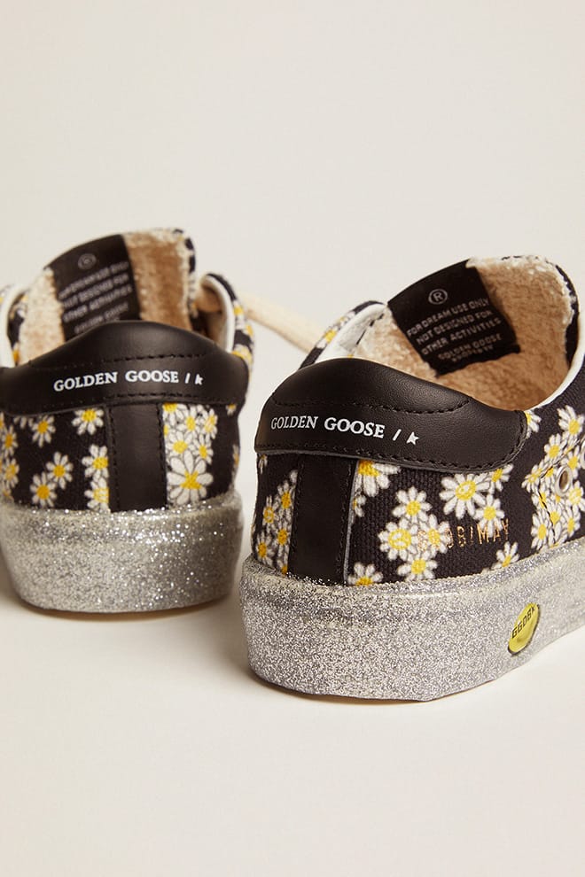 Kids | May Sneakers Junior Floreal Print Nylon with White Leather Star & Black Leather Heel Tab | Black x White Daisies x White x Black - Image 2