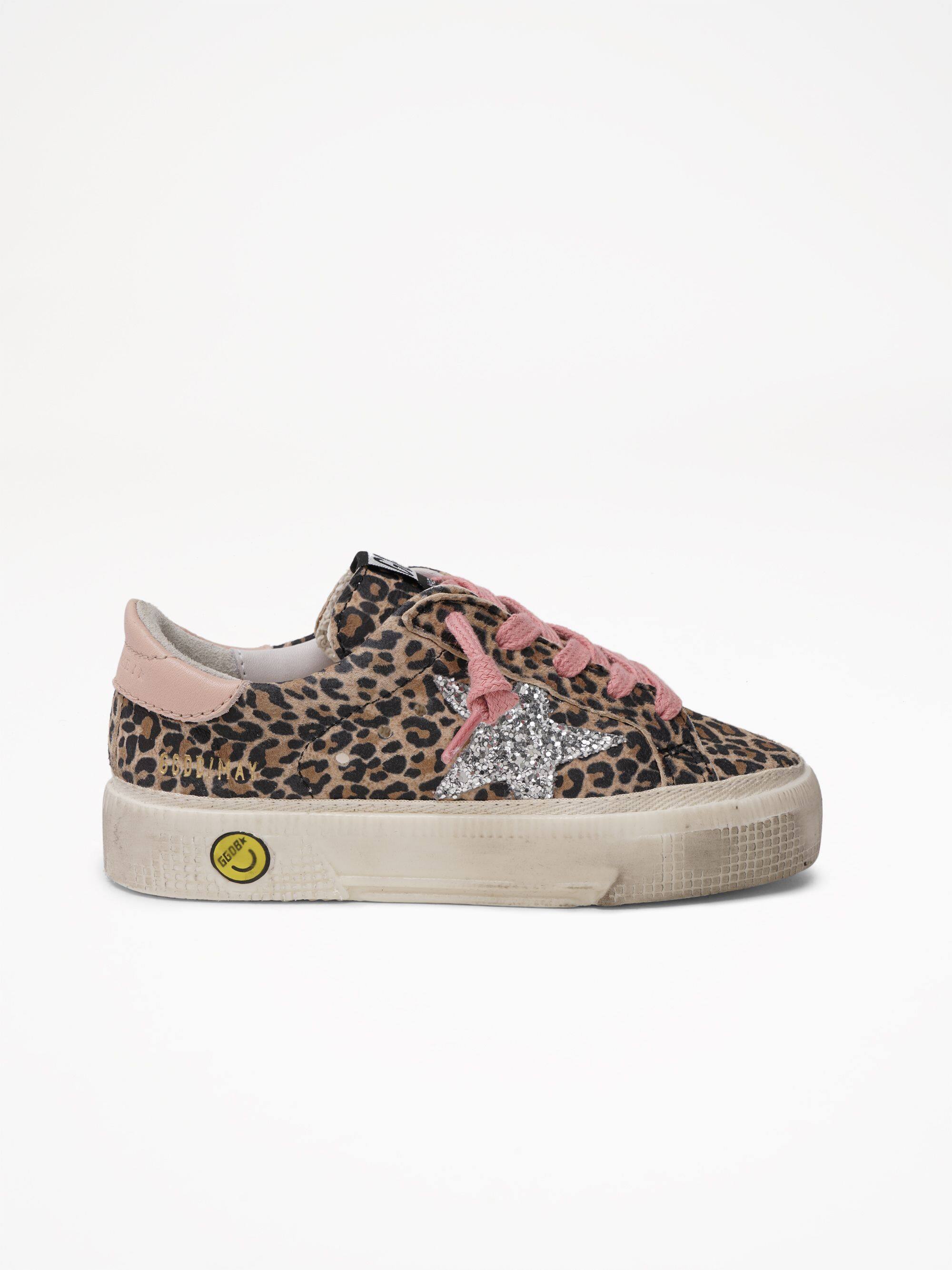 Kids | May Sneakers Leo Suede with Silver Glitter Star & Leather Heel Tab | Beige Brown Leo x Silver x Powder Pink