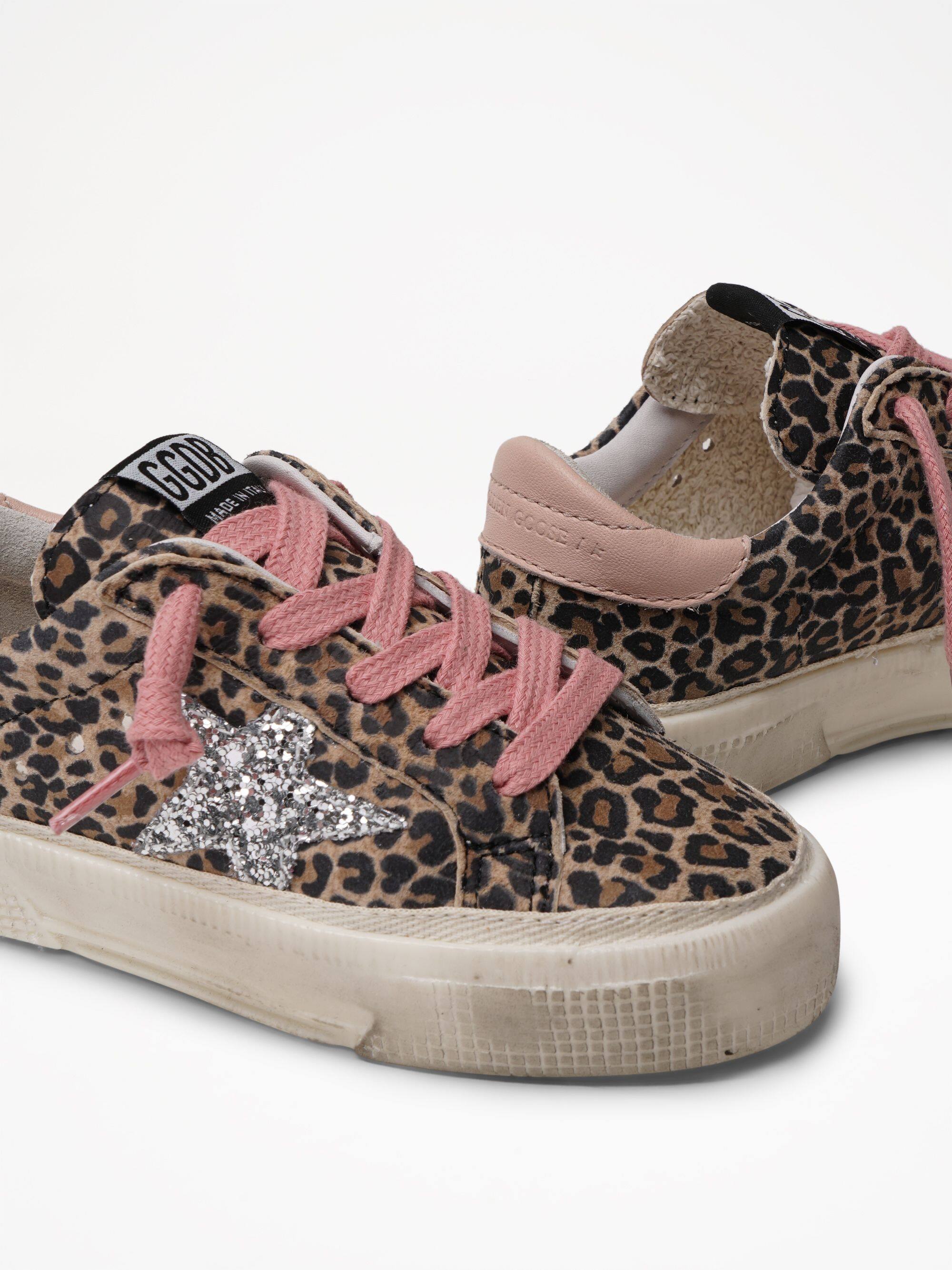 Kids | May Sneakers Leo Suede with Silver Glitter Star & Leather Heel Tab | Beige Brown Leo x Silver x Powder Pink - Image 2