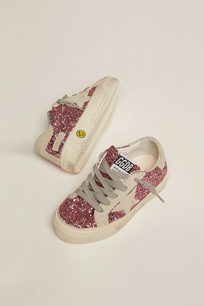 Kids | May Sneakers Pink Glitter with Star & Heel Tab Ice-Gray Suede | Bubblegum Pink x Ice (V1) - Image 8