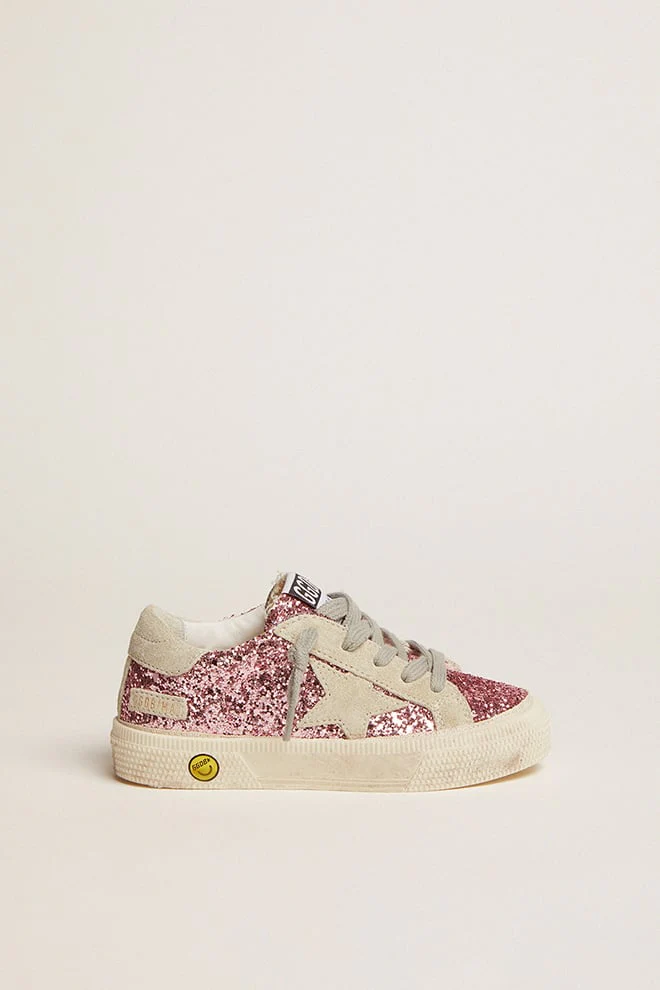 Kids | May Sneakers Pink Glitter with Star & Heel Tab Ice-Gray Suede | Bubblegum Pink x Ice (V2) - Image 8