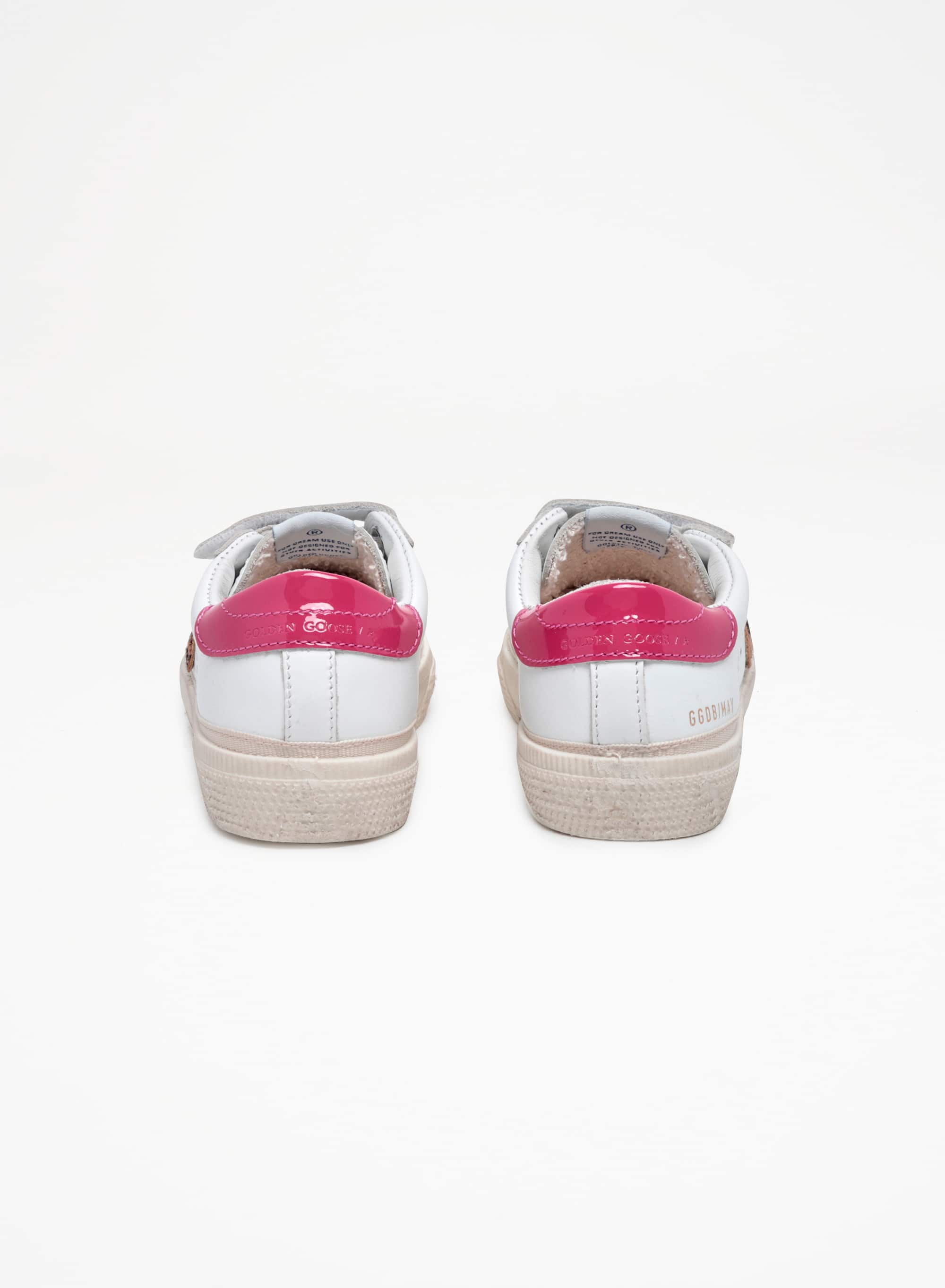 Kids | May Sneakers White Leather with Leo Pony Skin Star & Shiny Heel Tab | White x Beige Brown Leo x Fuxia - Image 2