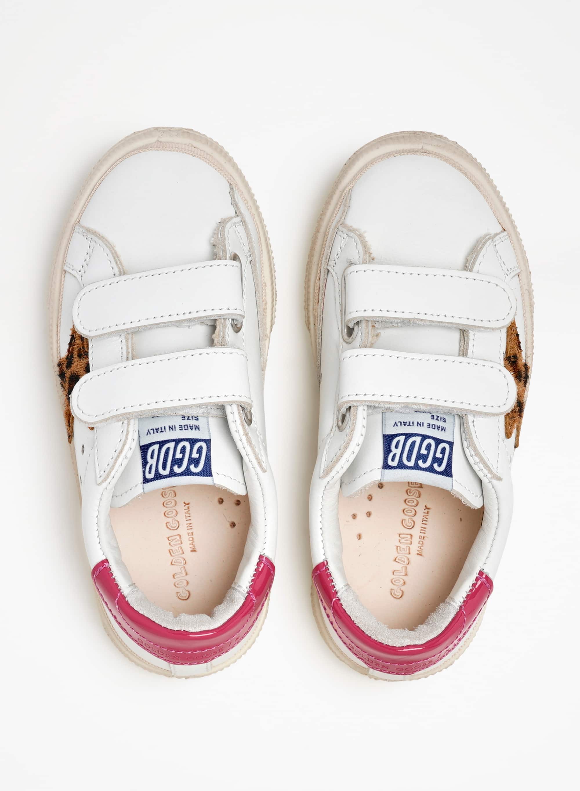 Kids | May Sneakers White Leather with Leo Pony Skin Star & Shiny Heel Tab | White x Beige Brown Leo x Fuxia - Image 6