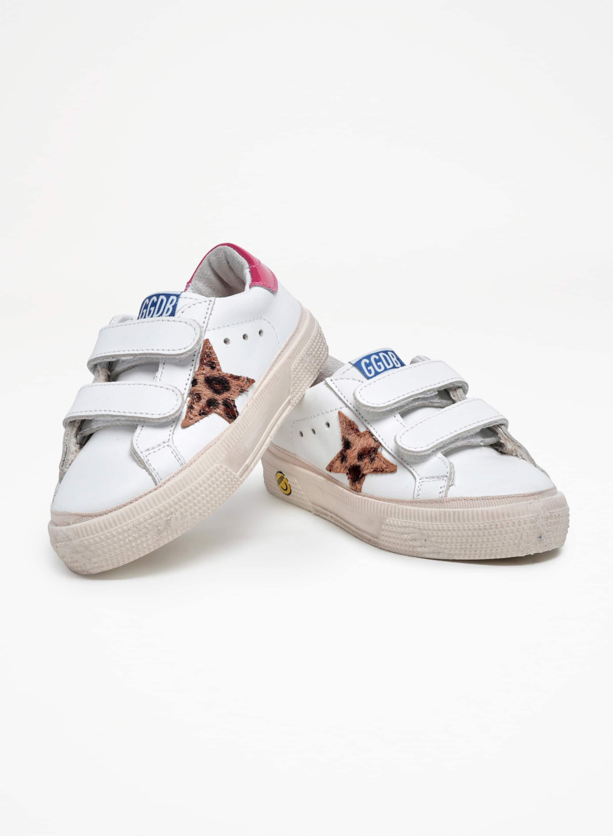 Kids | May Sneakers White Leather with Leo Pony Skin Star & Shiny Heel Tab | White x Beige Brown Leo x Fuxia - Image 8