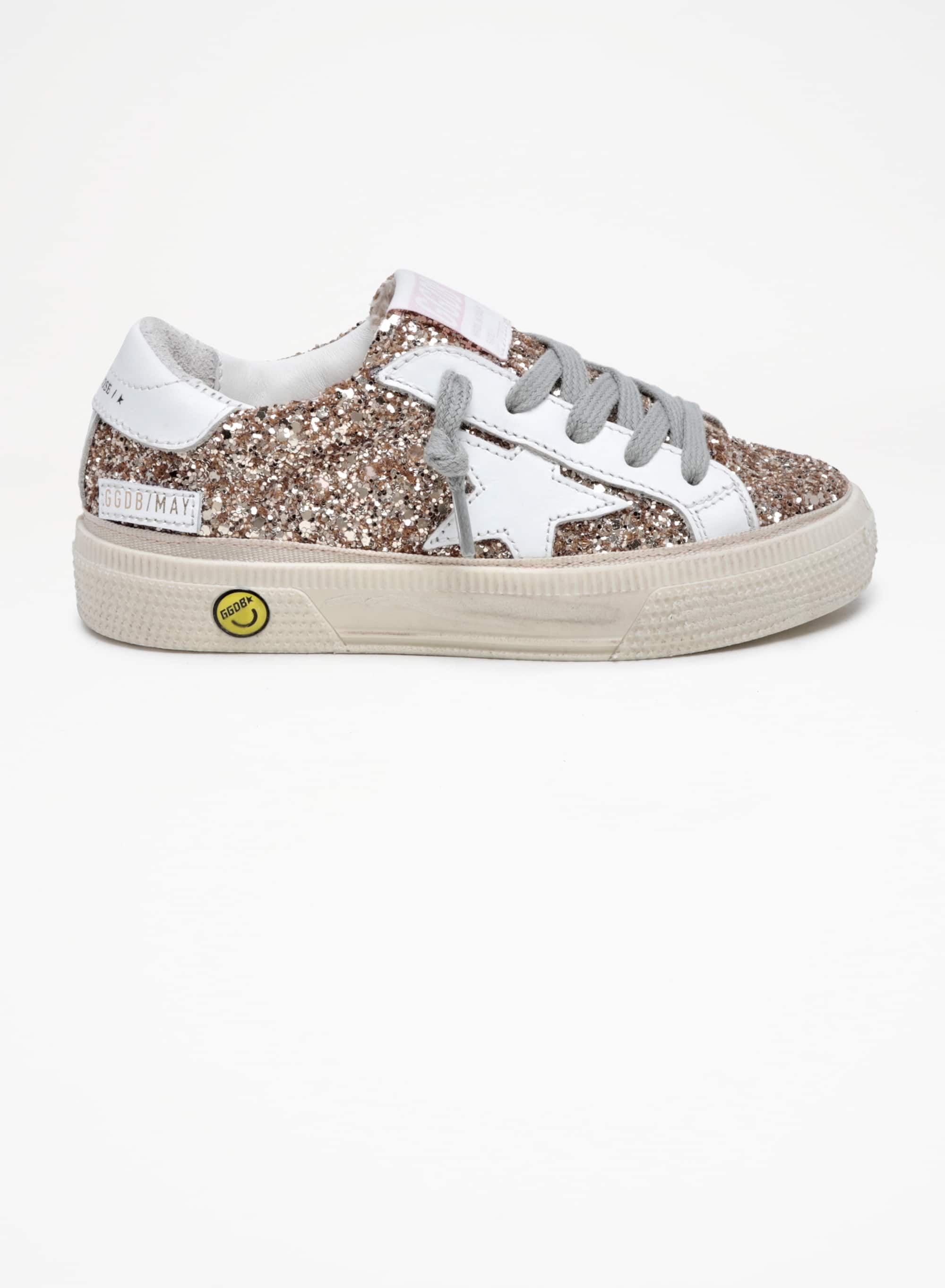 Kids | May Teen Sneakers Gold Glitter with White Leather Star & Heel Tab | Gold x White - Image 2