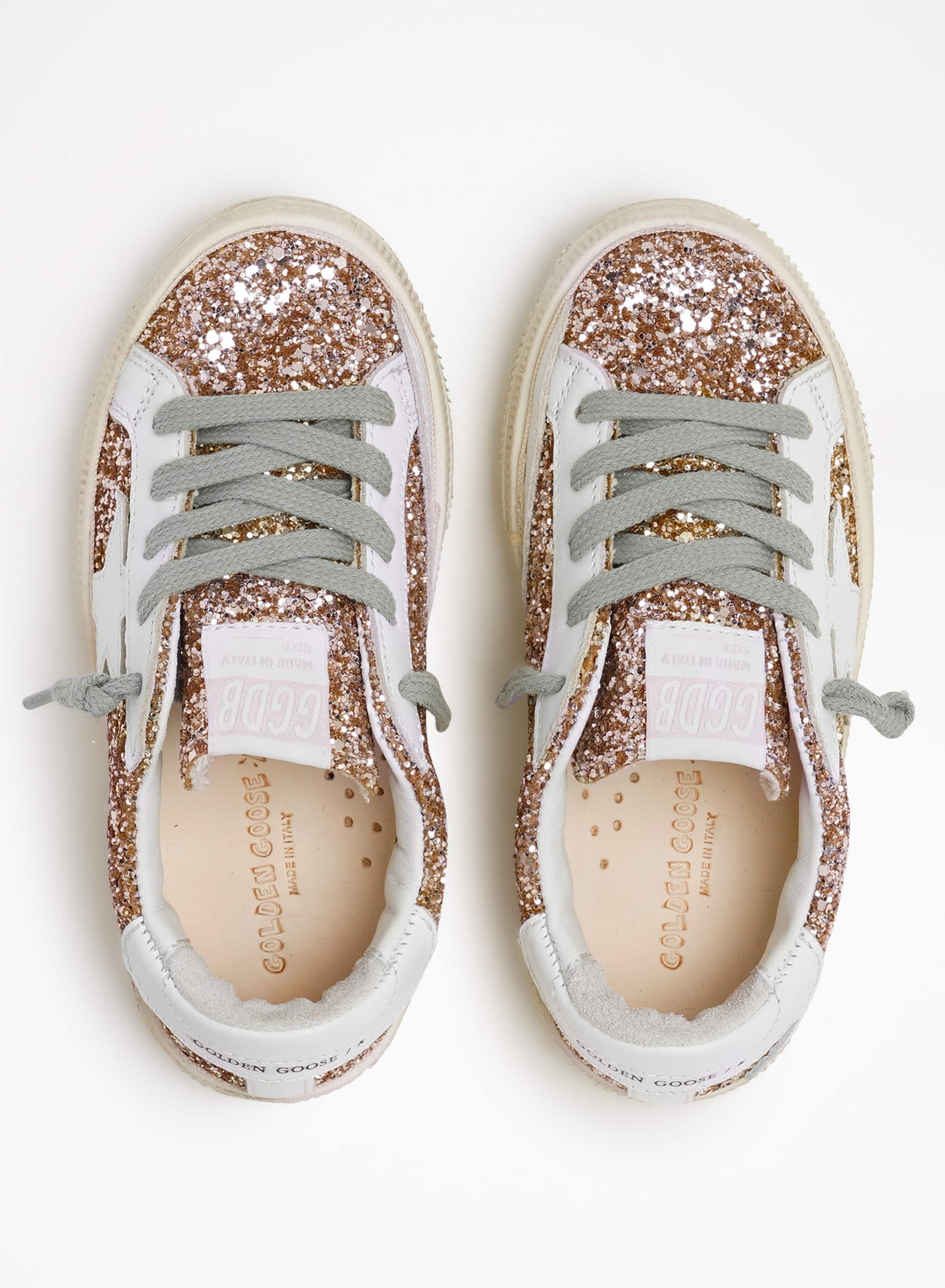 Kids | May Teen Sneakers Gold Glitter with White Leather Star & Heel Tab | Gold x White - Image 5