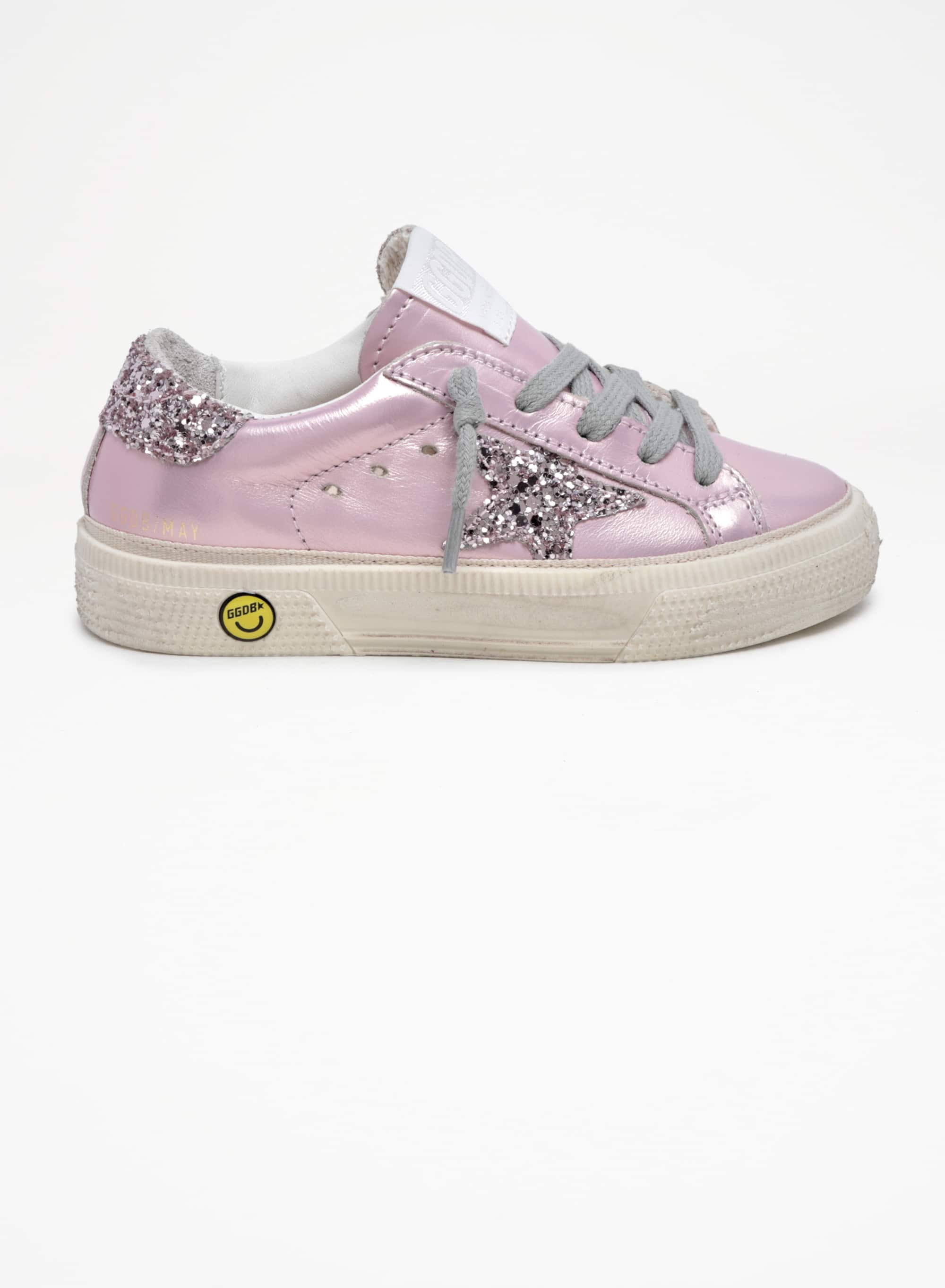 Kids | May Teen Sneakers Pink Leather with Pink Glitter Star & Heel Tab | Salmon Pink x Pink - Image 6