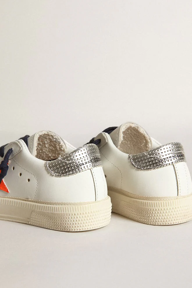 Kids | May White Leather with Orange Star & Dark Blue Laces | White x Fluo Orange x Silver - Image 7