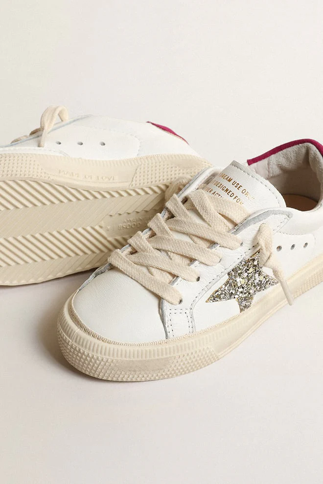 Kids | May Young Nappa Leather with Platinum Glitter Star & Magenta Heel Tab | White x Platinum x Magenta - Image 5