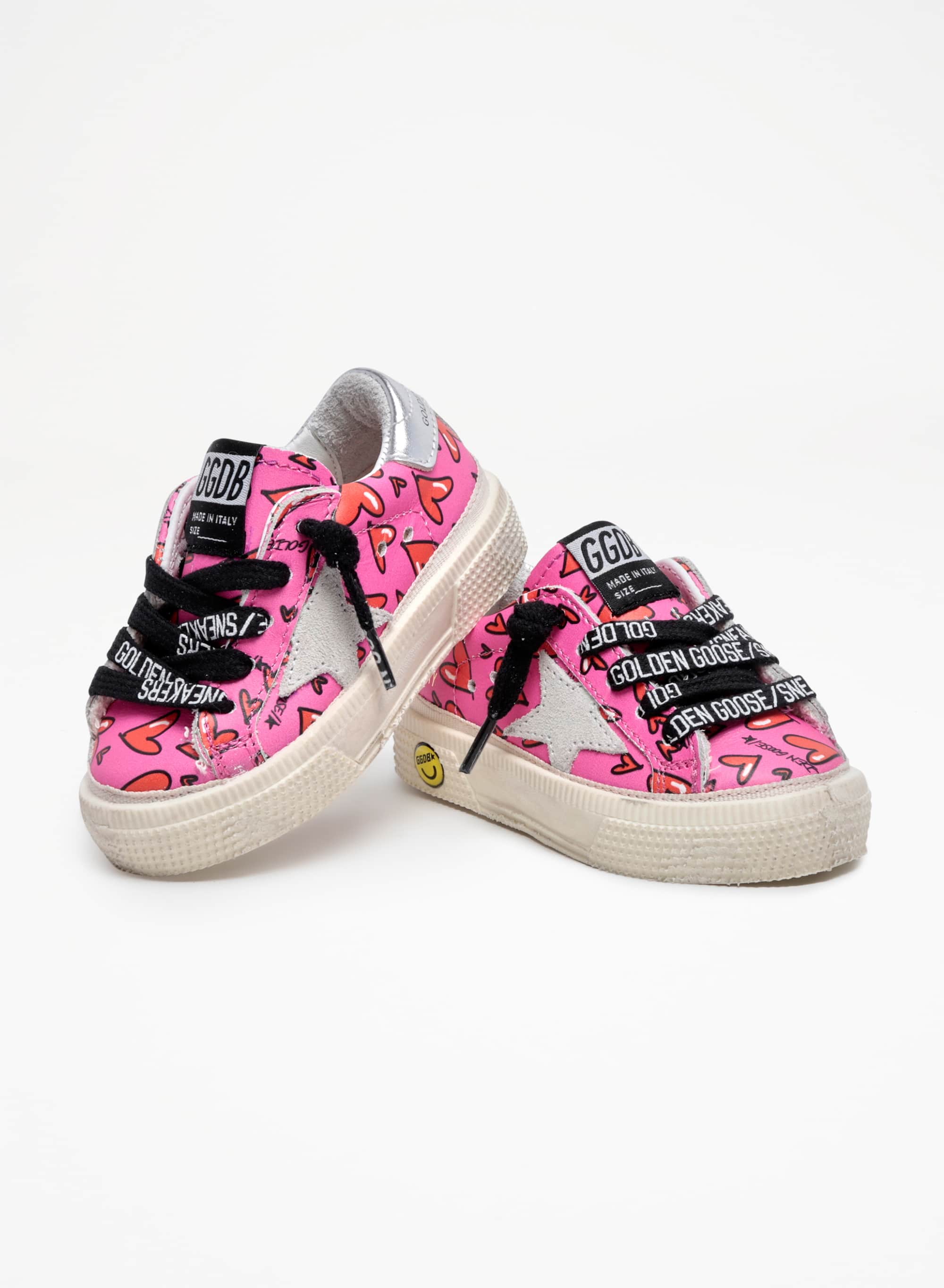 Kids | May Young Sneakers Pink Leather Decorated with Red Hearts with Grey Suede Star & Silver Leather Heel Tab | Fluo Fuxia x Red x Ice x Silver - Image 3