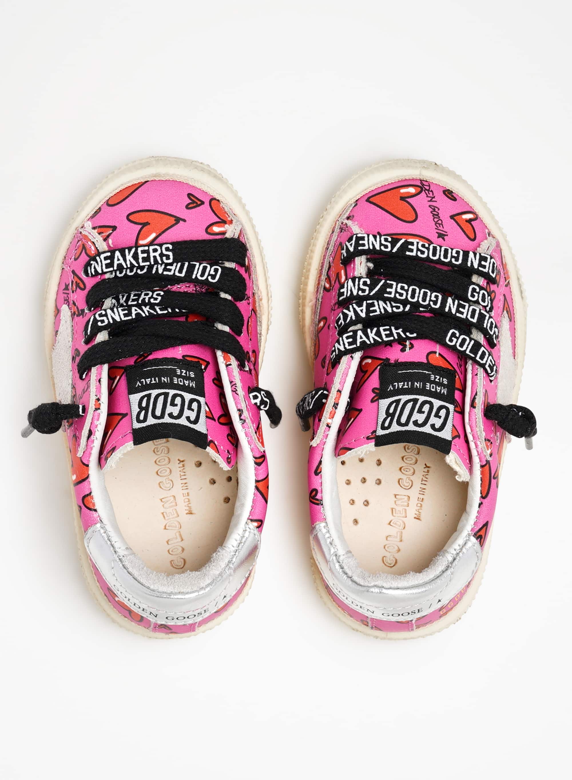 Kids | May Young Sneakers Pink Leather Decorated with Red Hearts with Grey Suede Star & Silver Leather Heel Tab | Fluo Fuxia x Red x Ice x Silver - Image 5
