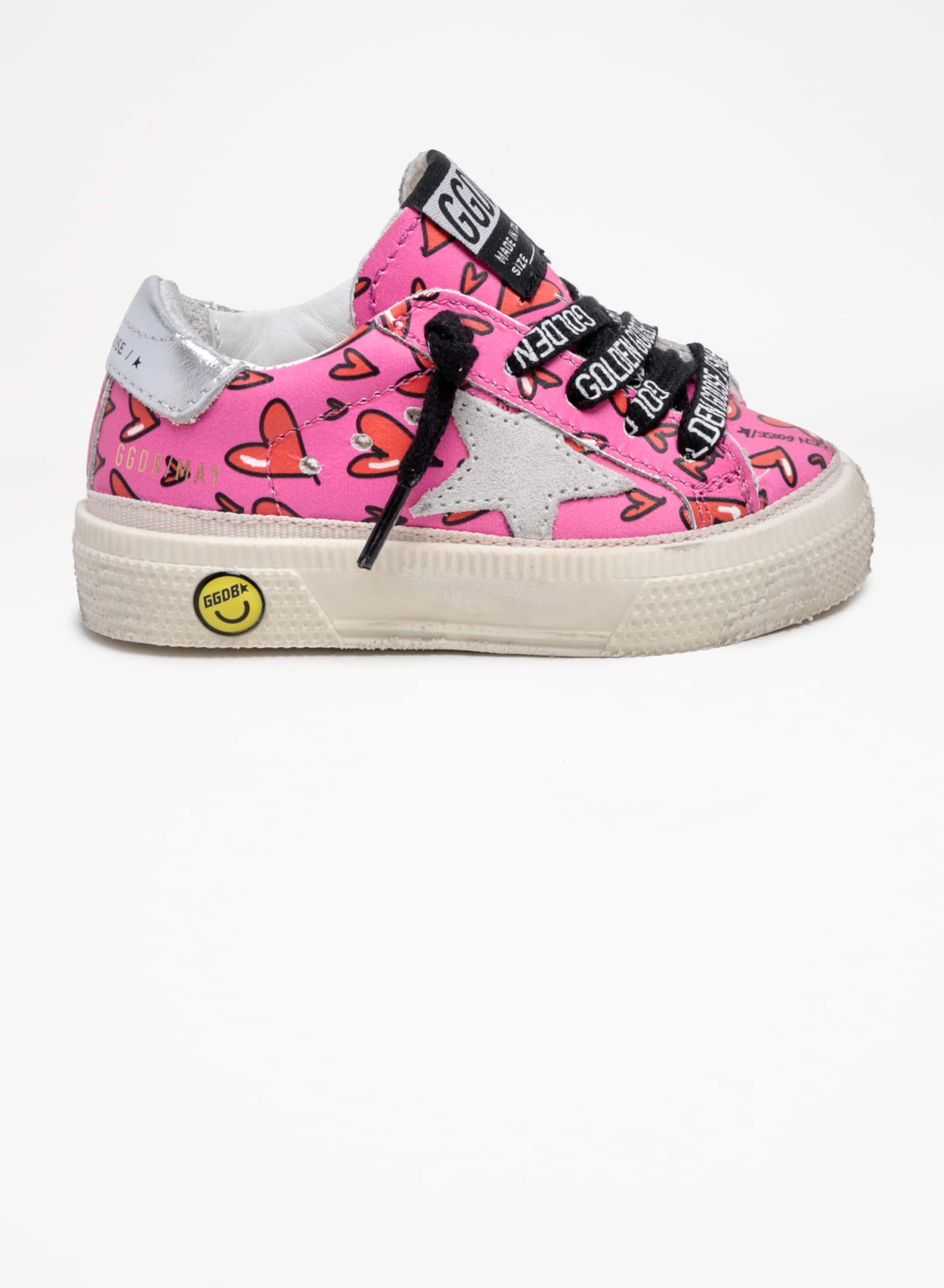 Kids | May Young Sneakers Pink Leather Decorated with Red Hearts with Grey Suede Star & Silver Leather Heel Tab | Fluo Fuxia x Red x Ice x Silver - Image 7