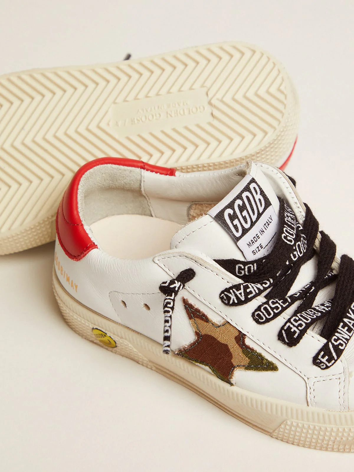 Kids | May Young with White Leather, Green Camouflage Star & Red Heel Tab | White x Green Camouflage x Red - Image 2