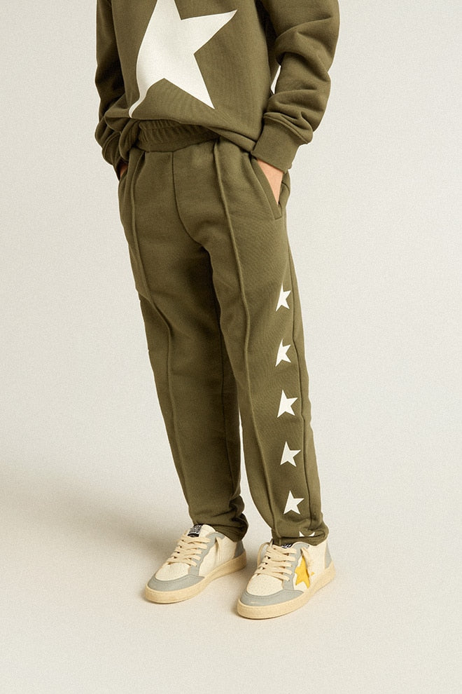 Kids | Military-Green Joggers with White Stars | Ivy Green x White - Image 6