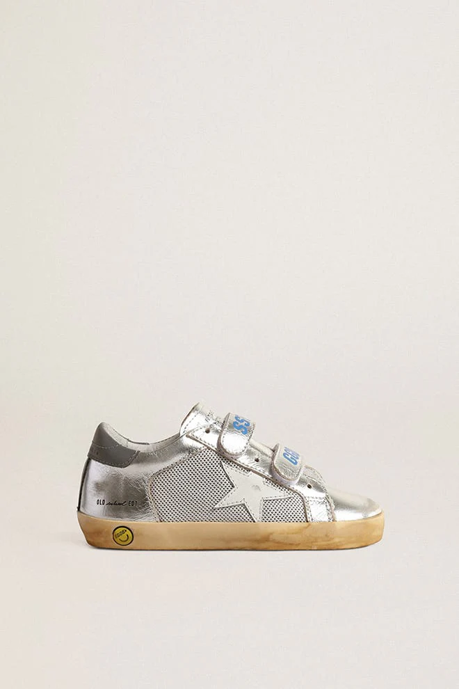 Kids | Old School Junior Silver Laminated Leather & Mesh | Silver x White x Grey - Image 2