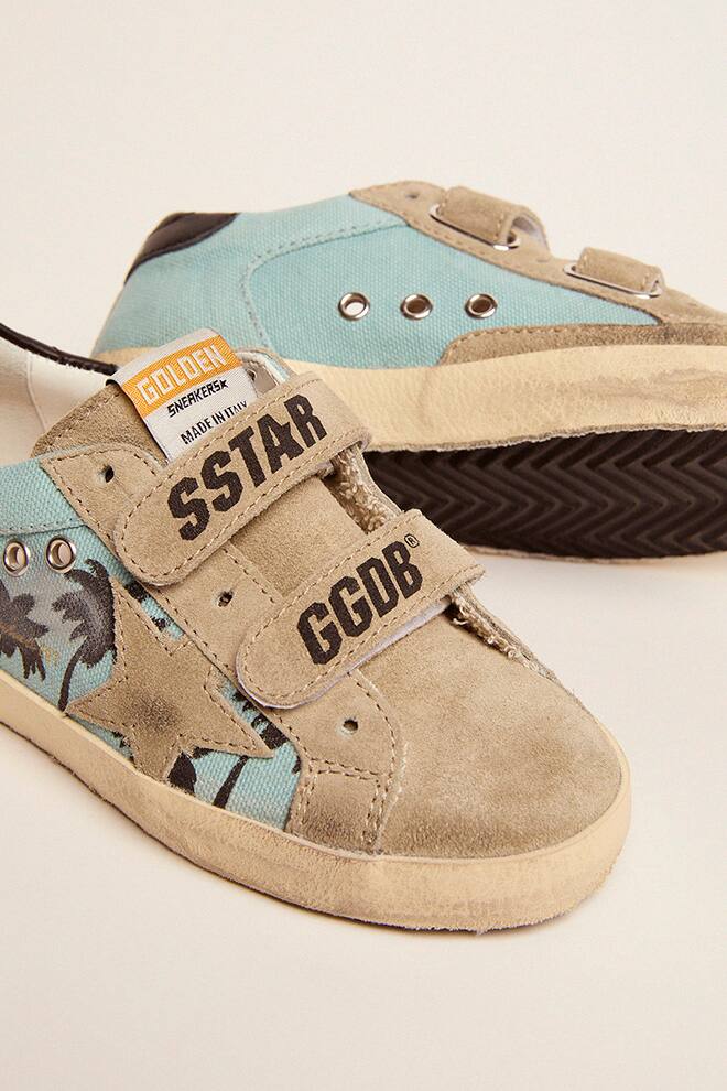 Kids | Old School Junior Turquoise Nylon with Beige Suede Star & Black Leather Heel Tab | Sage Green x Taupe x Black - Image 2