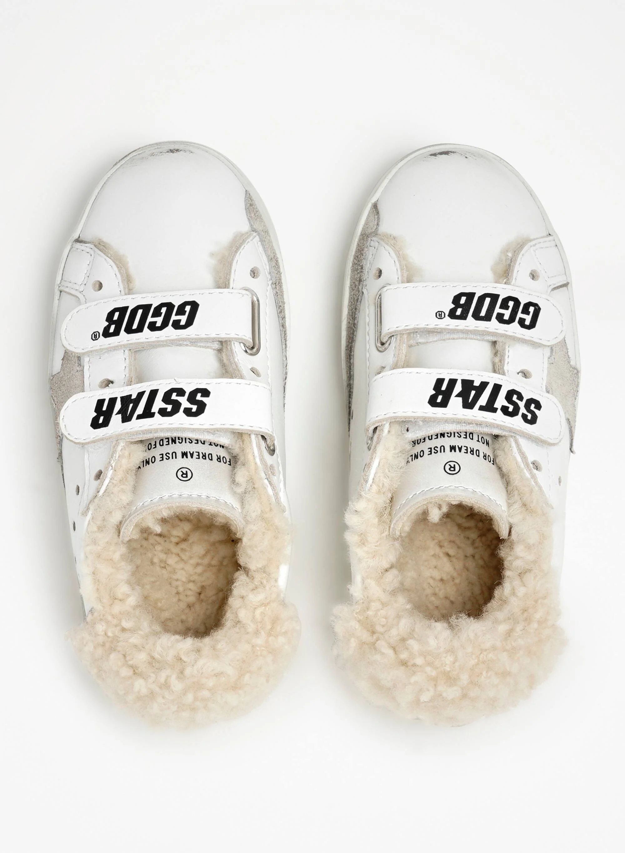 Kids | Old School Junior White Leather with Suede Star & Shearling Lining | White x Ice x Beige - Image 2