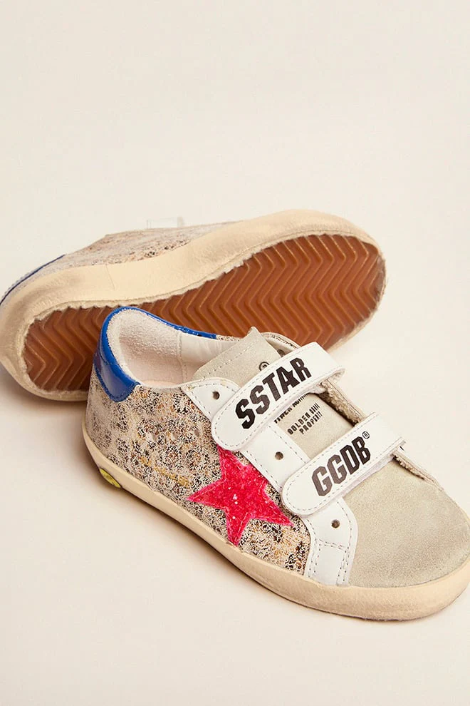 Kids | Old School Junior with Beige Leo Print, Dark Pink Glitter Star & Turquoise Heel Tab | Beige Leo x Taupe x White x Dark Pink x Turquoise