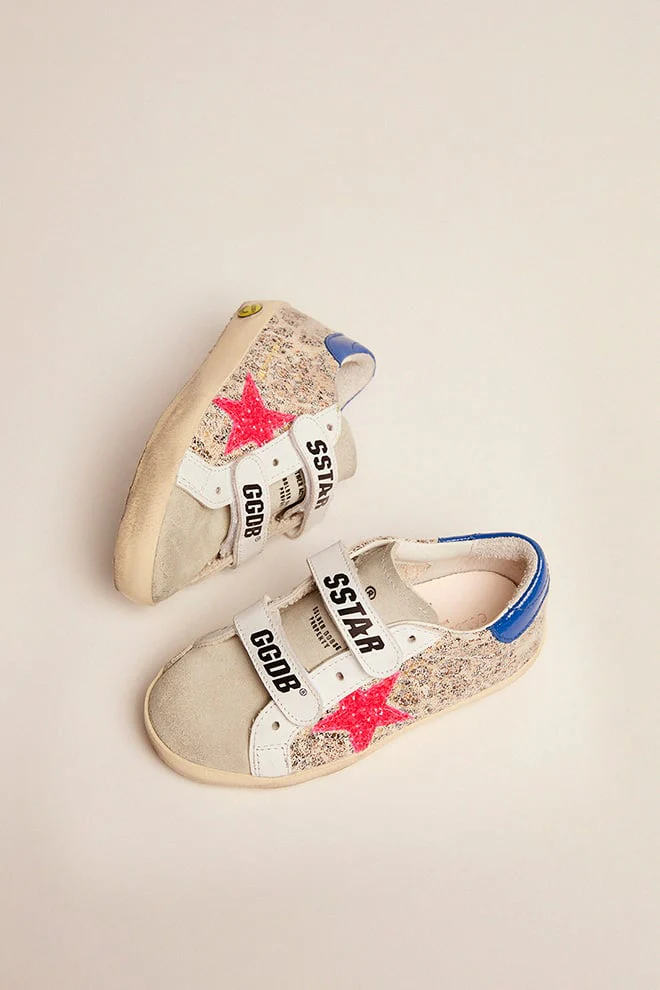 Kids | Old School Junior with Beige Leo Print, Dark Pink Glitter Star & Turquoise Heel Tab | Beige Leo x Taupe x White x Dark Pink x Turquoise - Image 2