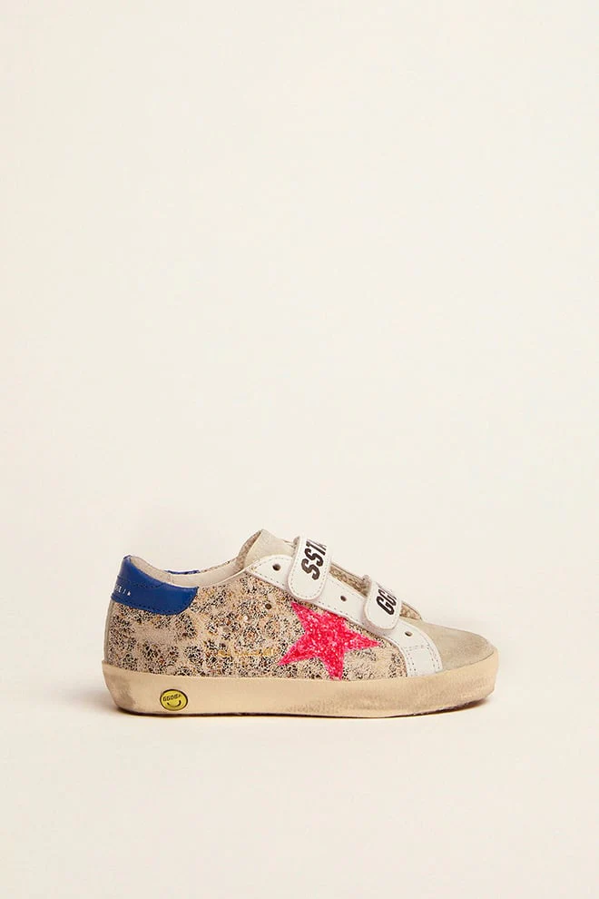 Kids | Old School Junior with Beige Leo Print, Dark Pink Glitter Star & Turquoise Heel Tab | Beige Leo x Taupe x White x Dark Pink x Turquoise - Image 4
