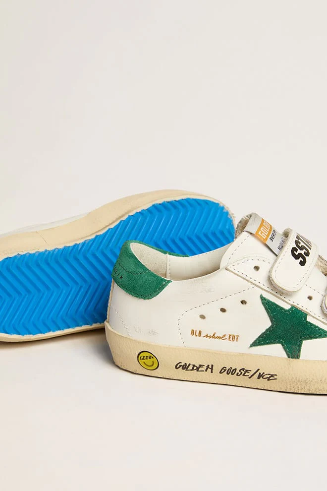 Kids | Old School Junior with Green Suede Star & Heel Tab | White x Green - Image 5