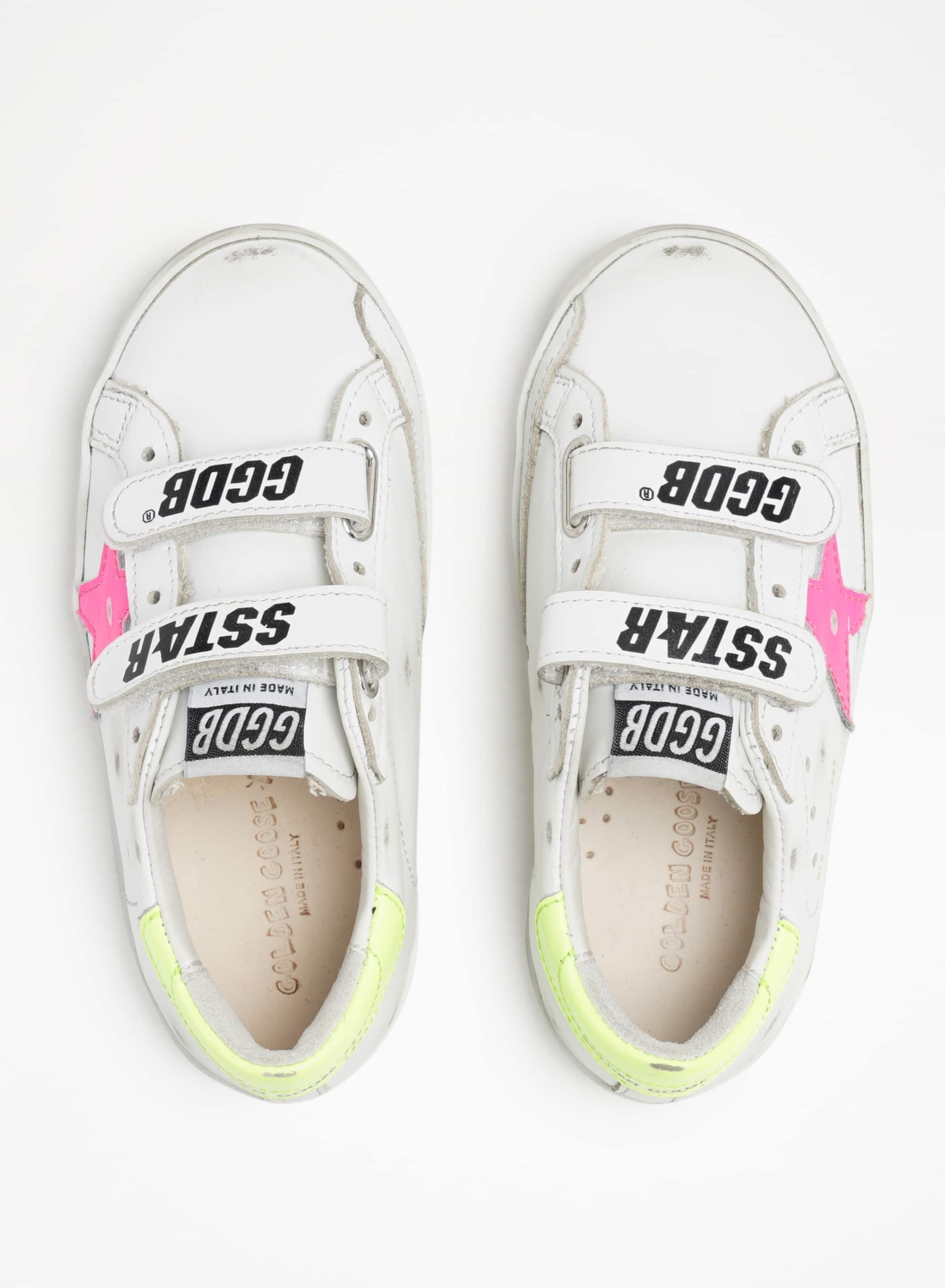 Kids | Old School Junior with White Leather & Fluo Pink Star | White x Fluo Pink x Fluo Yellow - Image 5