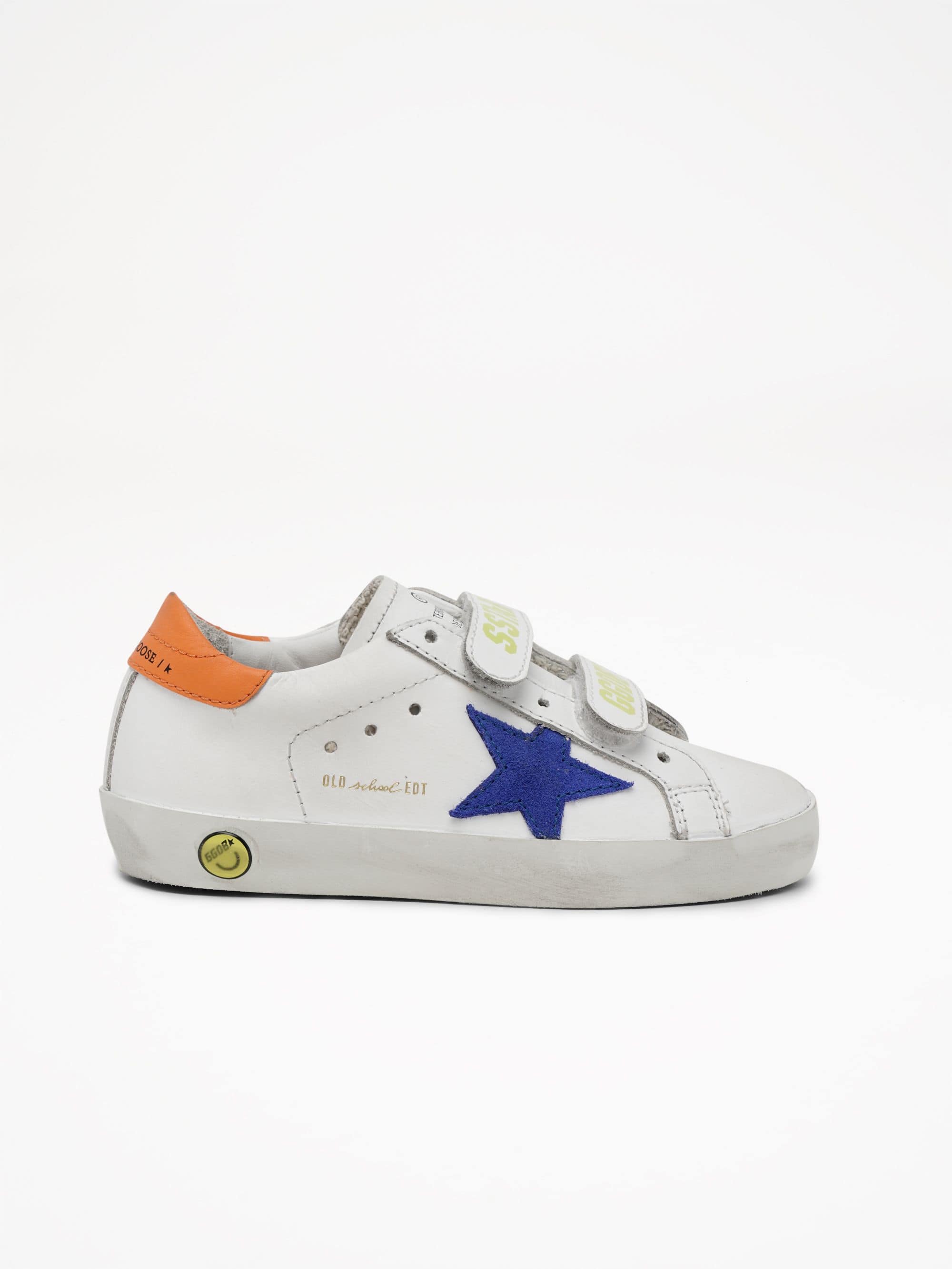 Kids | Old School Sneakers with Light Blue Suede Star & Orange Heel Tab | White x Bluette x Orange