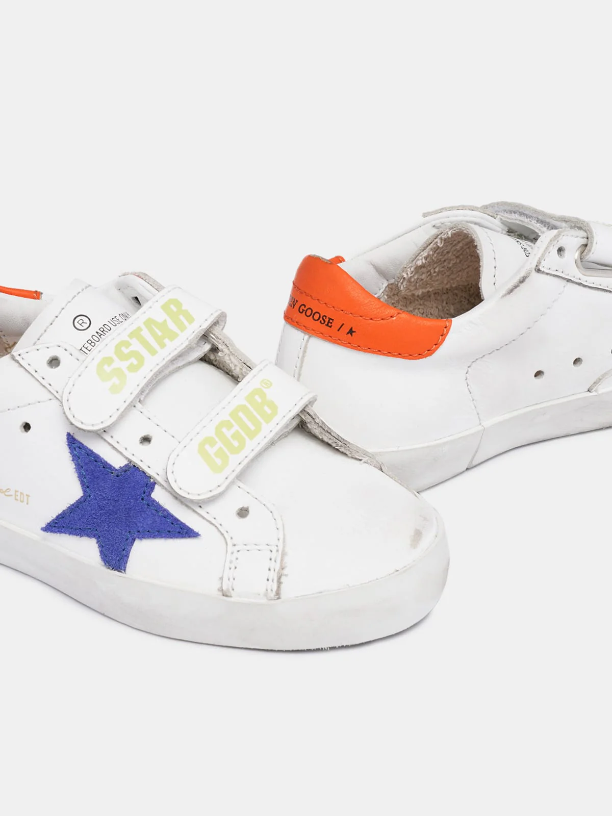 Kids | Old School Sneakers with Light Blue Suede Star & Orange Heel Tab | White x Bluette x Orange - Image 3