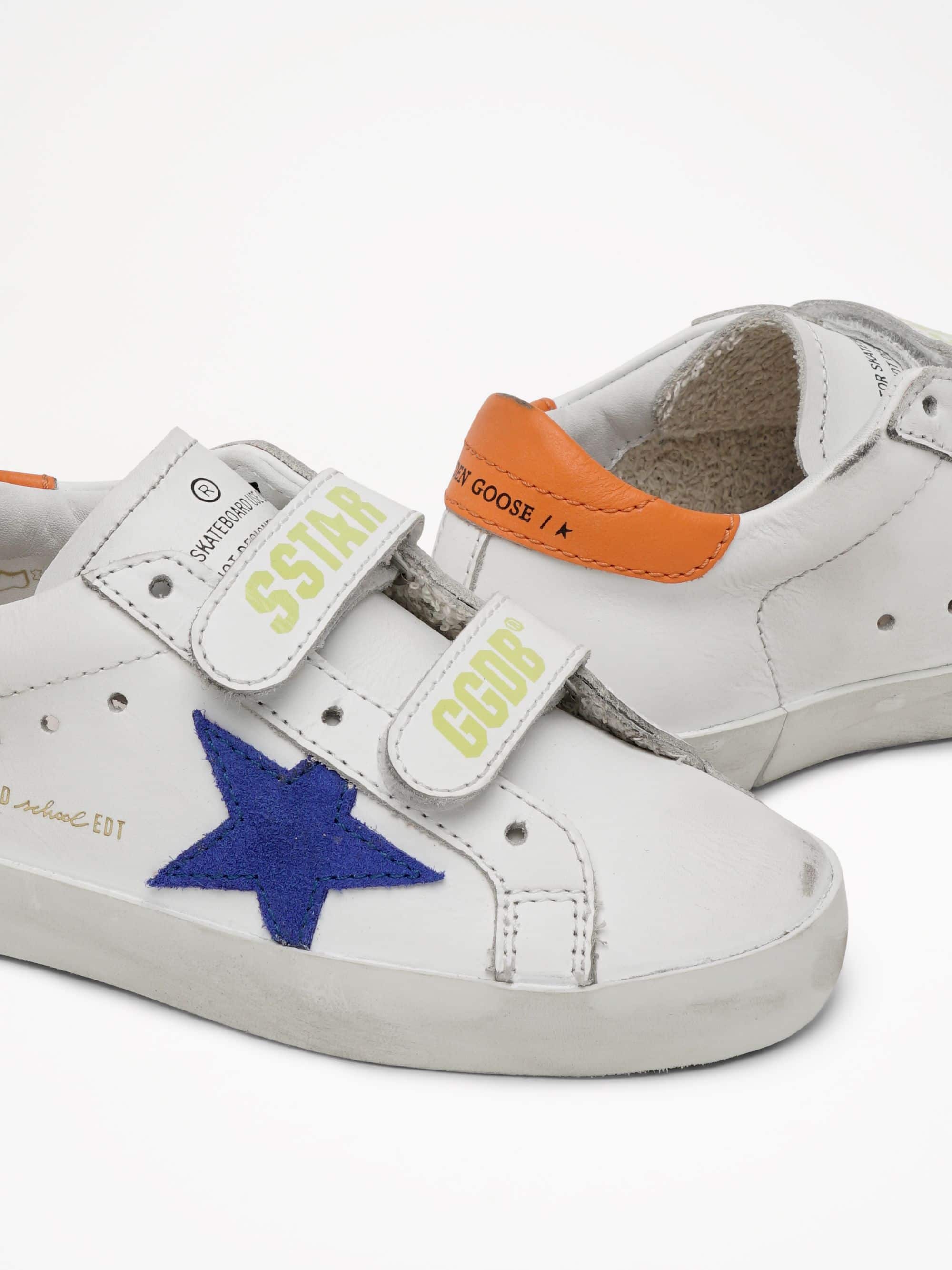 Kids | Old School Sneakers with Light Blue Suede Star & Orange Heel Tab | White x Bluette x Orange - Image 6