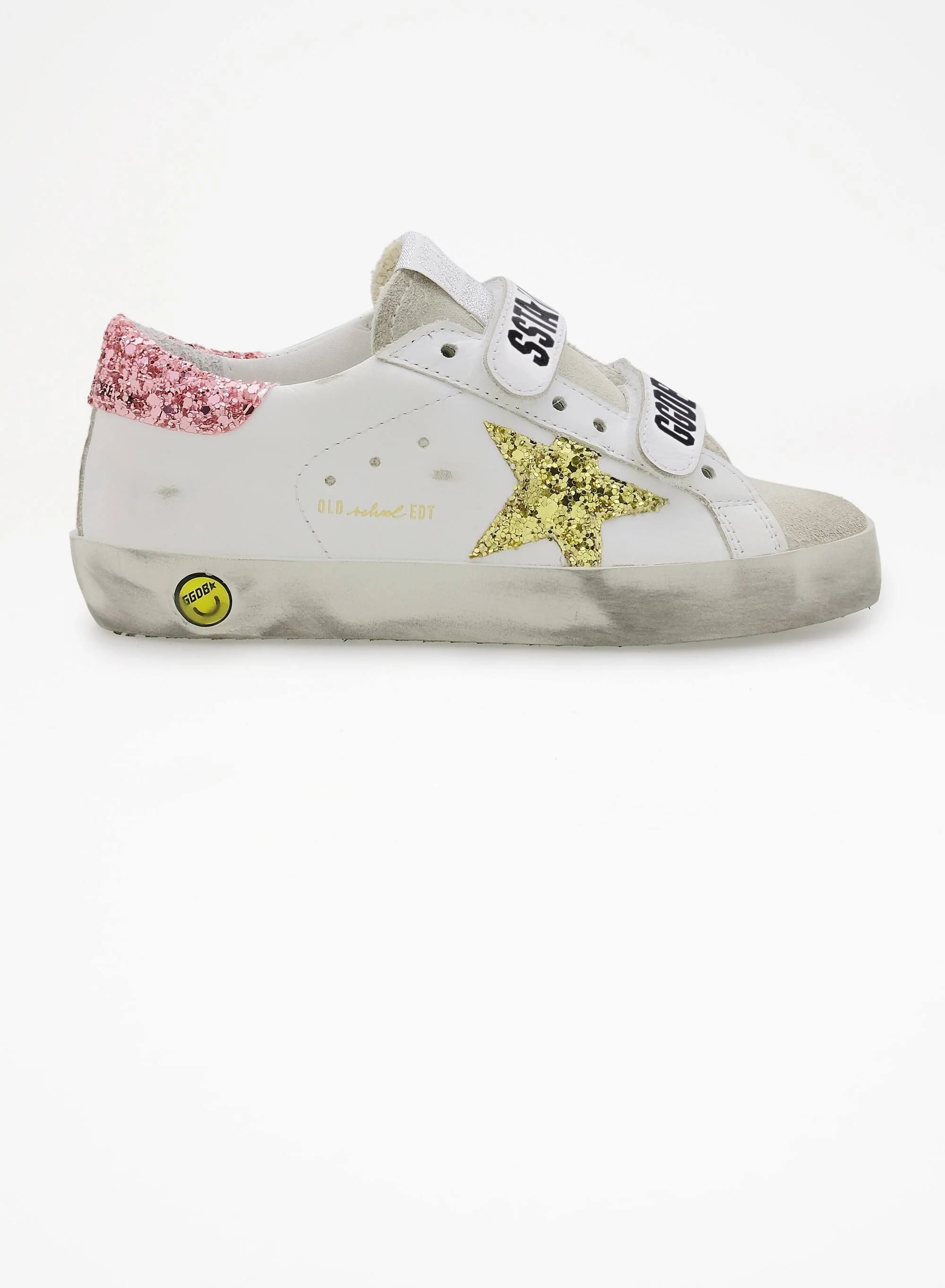 Kids | Old School Sneakers with Velcro Fastening & Glitter Details | Ice x White x Gold x Salmon Pink