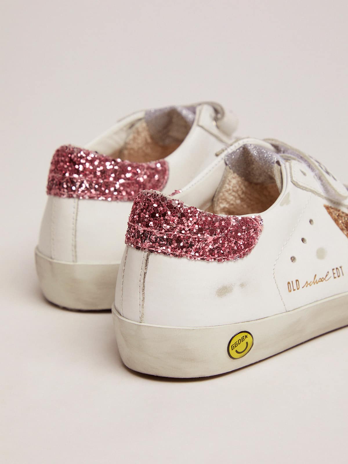 Kids | Old School Sneakers with Velcro Fastening & Glitter Details | Ice x White x Gold x Salmon Pink - Image 2