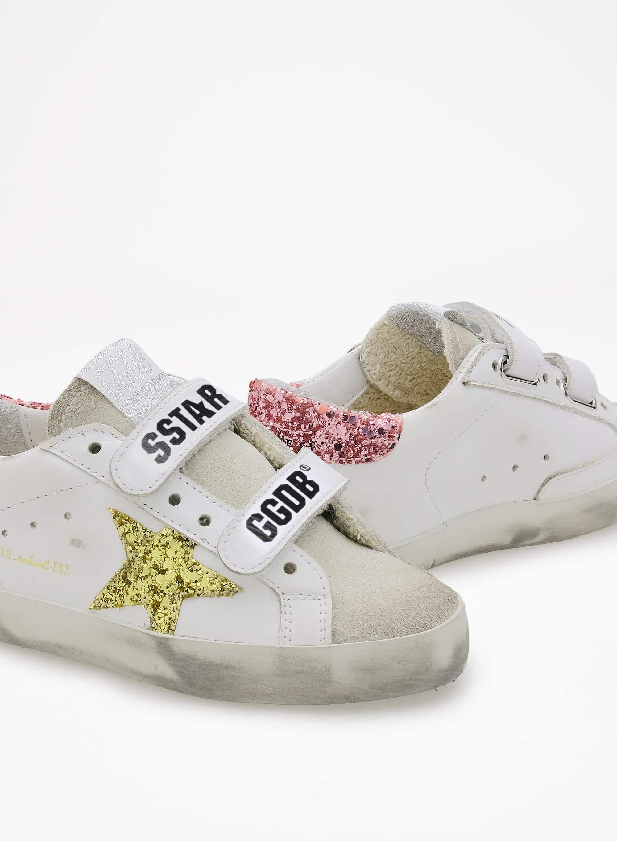Kids | Old School Sneakers with Velcro Fastening & Glitter Details | Ice x White x Gold x Salmon Pink - Image 3