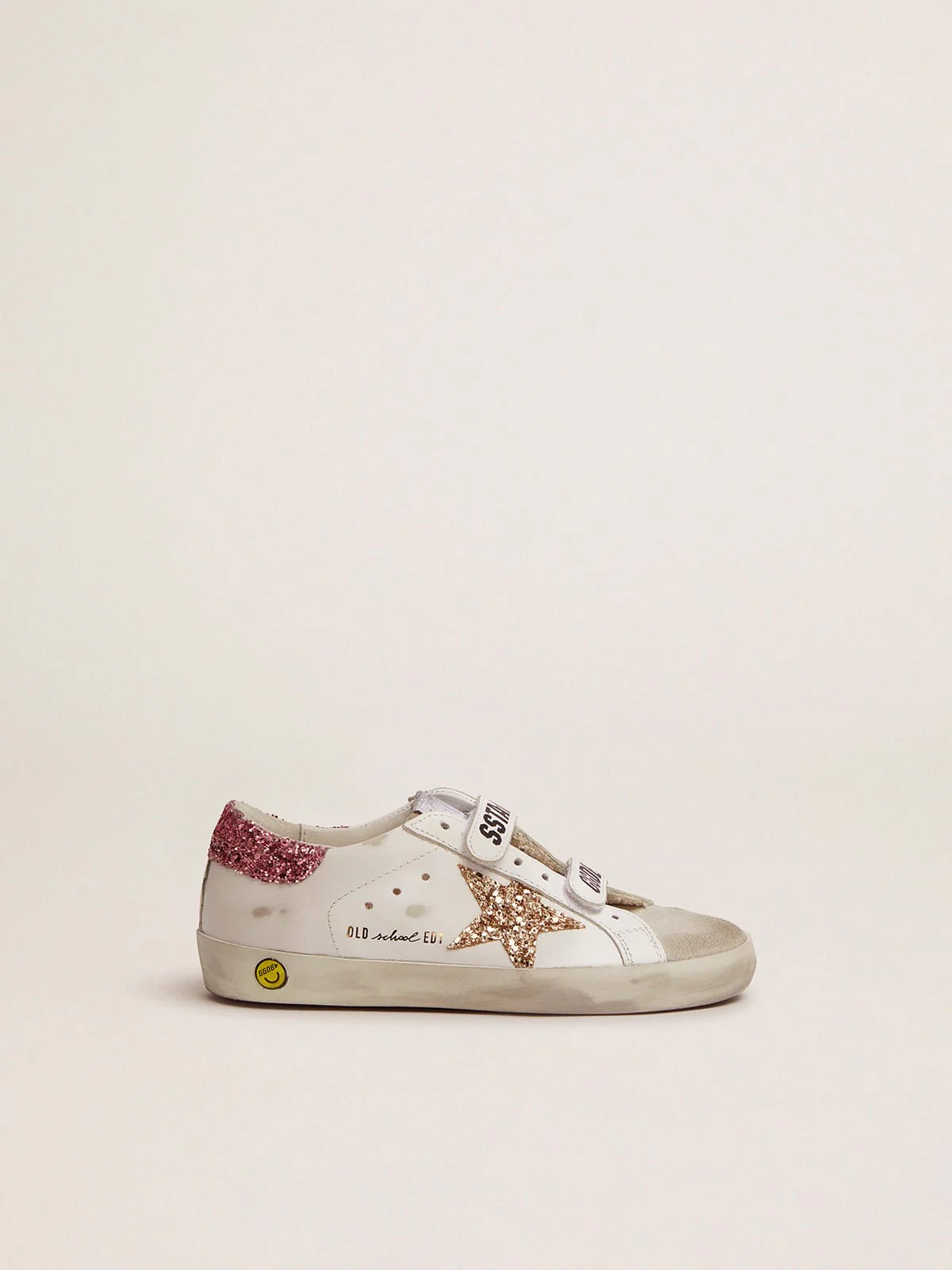 Kids | Old School Sneakers with Velcro Fastening & Glitter Details | Ice x White x Gold x Salmon Pink - Image 4