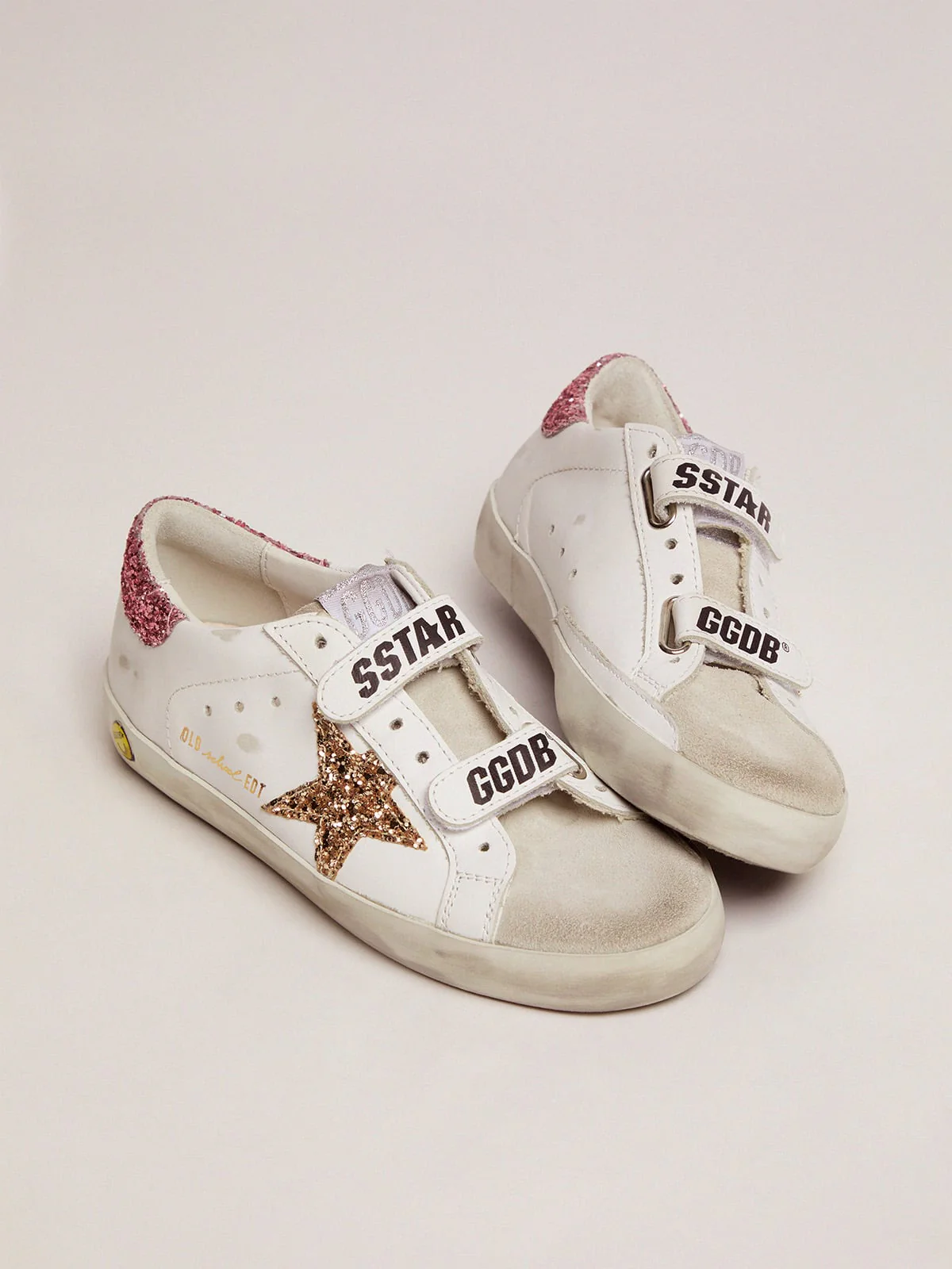 Kids | Old School Sneakers with Velcro Fastening & Glitter Details | Ice x White x Gold x Salmon Pink - Image 6