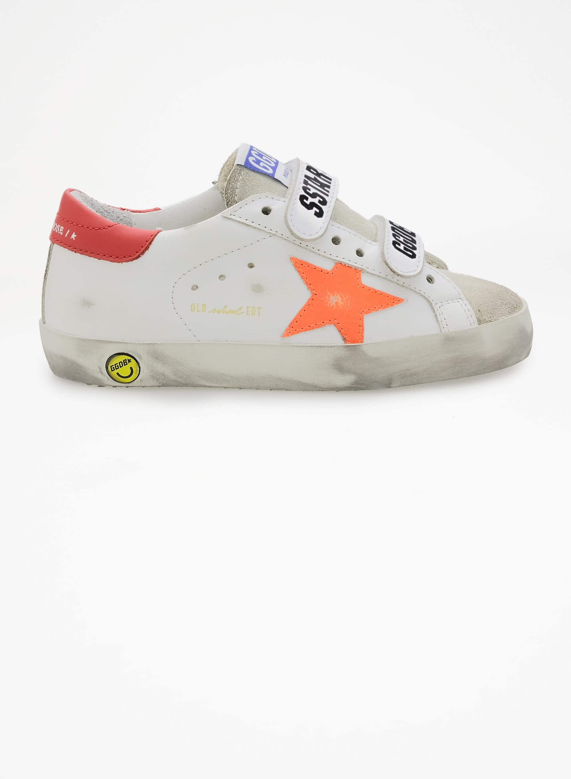 Kids | Old School Teen White Leather with Fluorescent Orange Star & Red Heel Tab | White x Ice x Orange Fluo x Cherry Red - Image 3