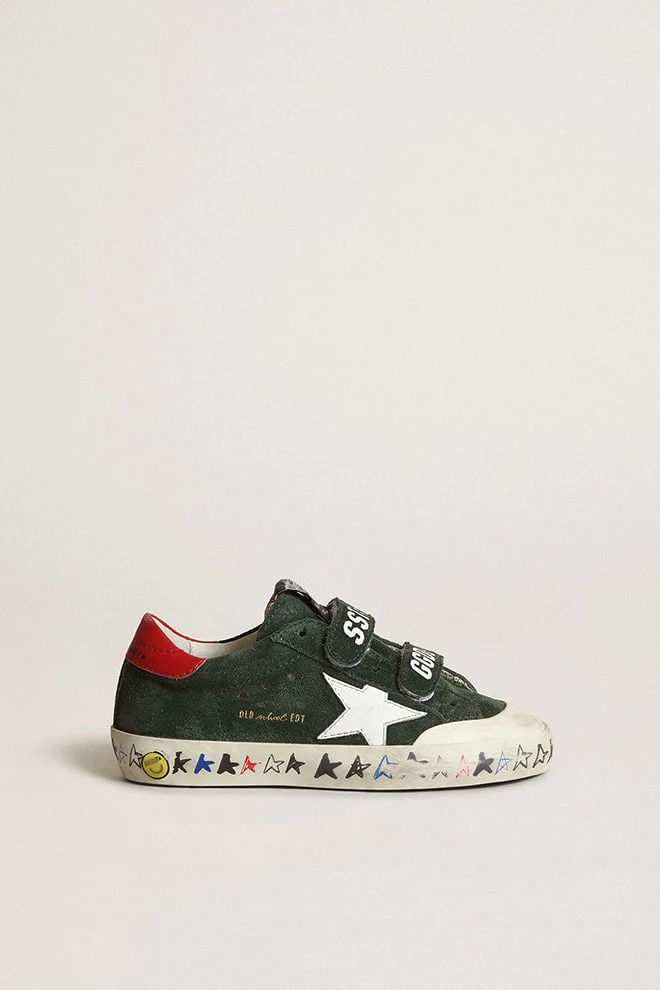 Kids | Old School Young Green Suede with White Star & Red Heel Tab | Green x White x Red - Image 4