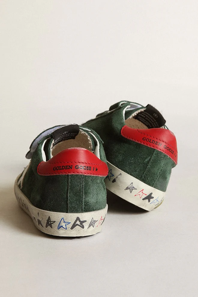 Kids | Old School Young Green Suede with White Star & Red Heel Tab | Green x White x Red - Image 5