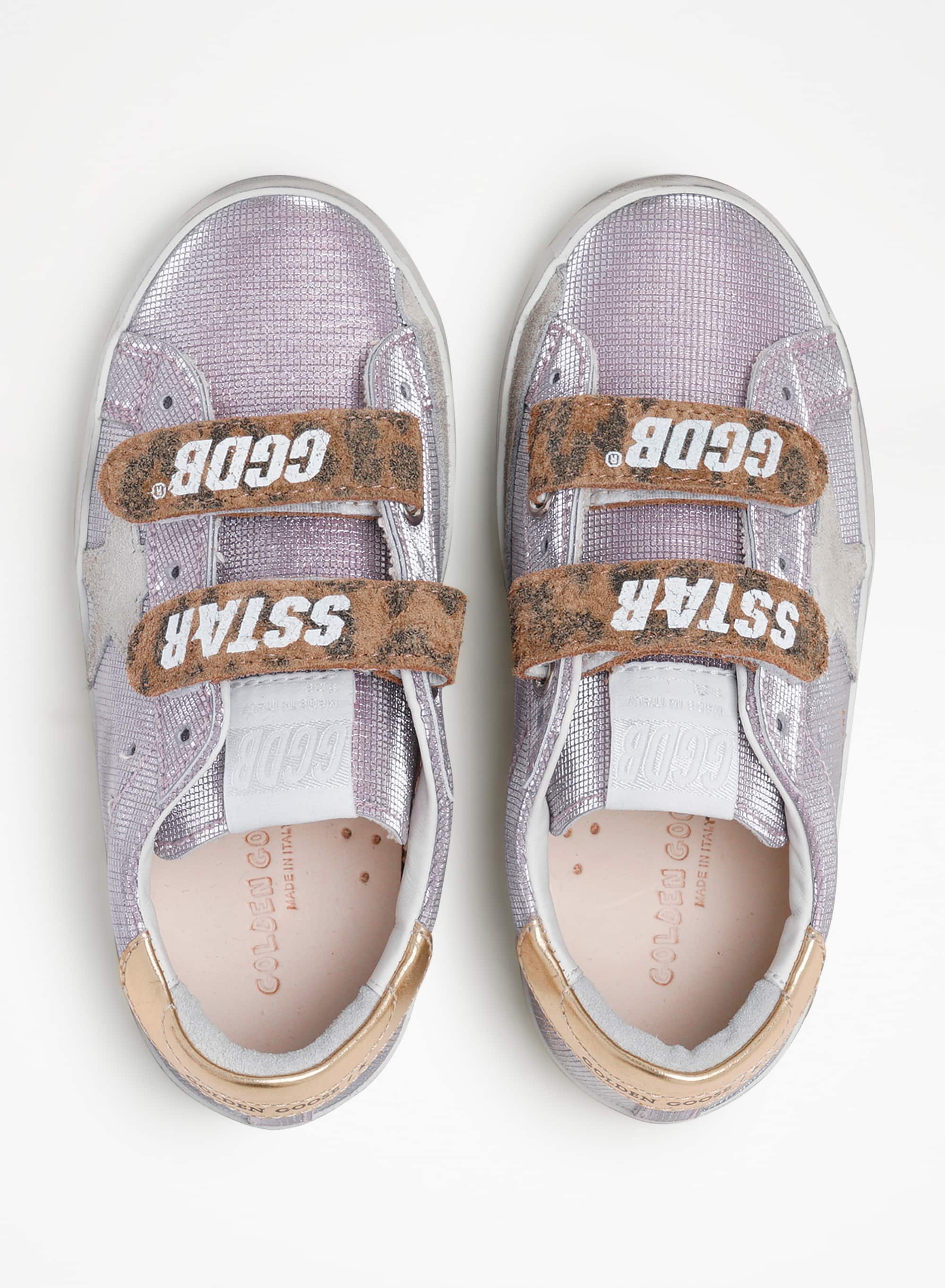 Kids | Old School Young Laminated Pink Leather with Grey Suede Star & Laminated Gold Leather Heel Tab | Light Pink x Beige Brown Leo x Ice x Gold - Image 2