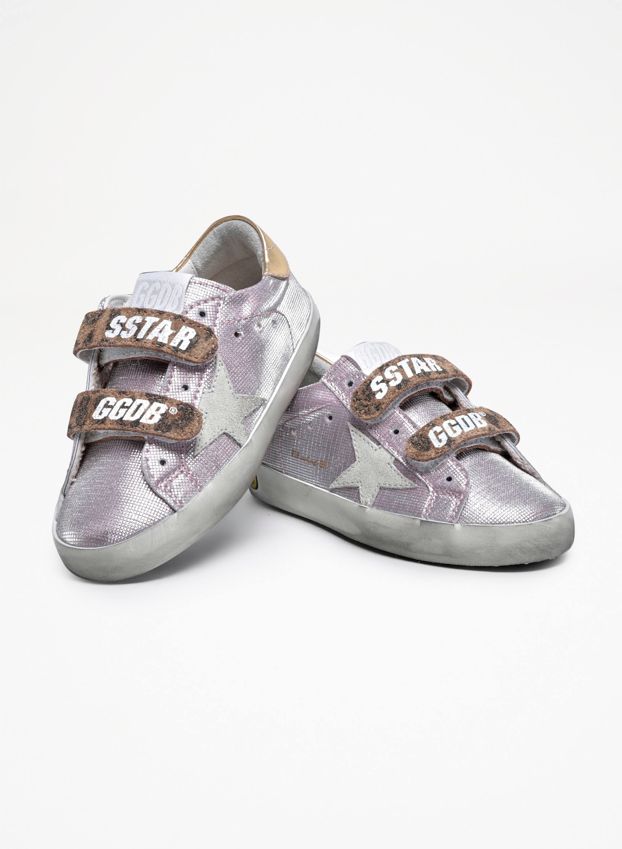 Kids | Old School Young Laminated Pink Leather with Grey Suede Star & Laminated Gold Leather Heel Tab | Light Pink x Beige Brown Leo x Ice x Gold - Image 4