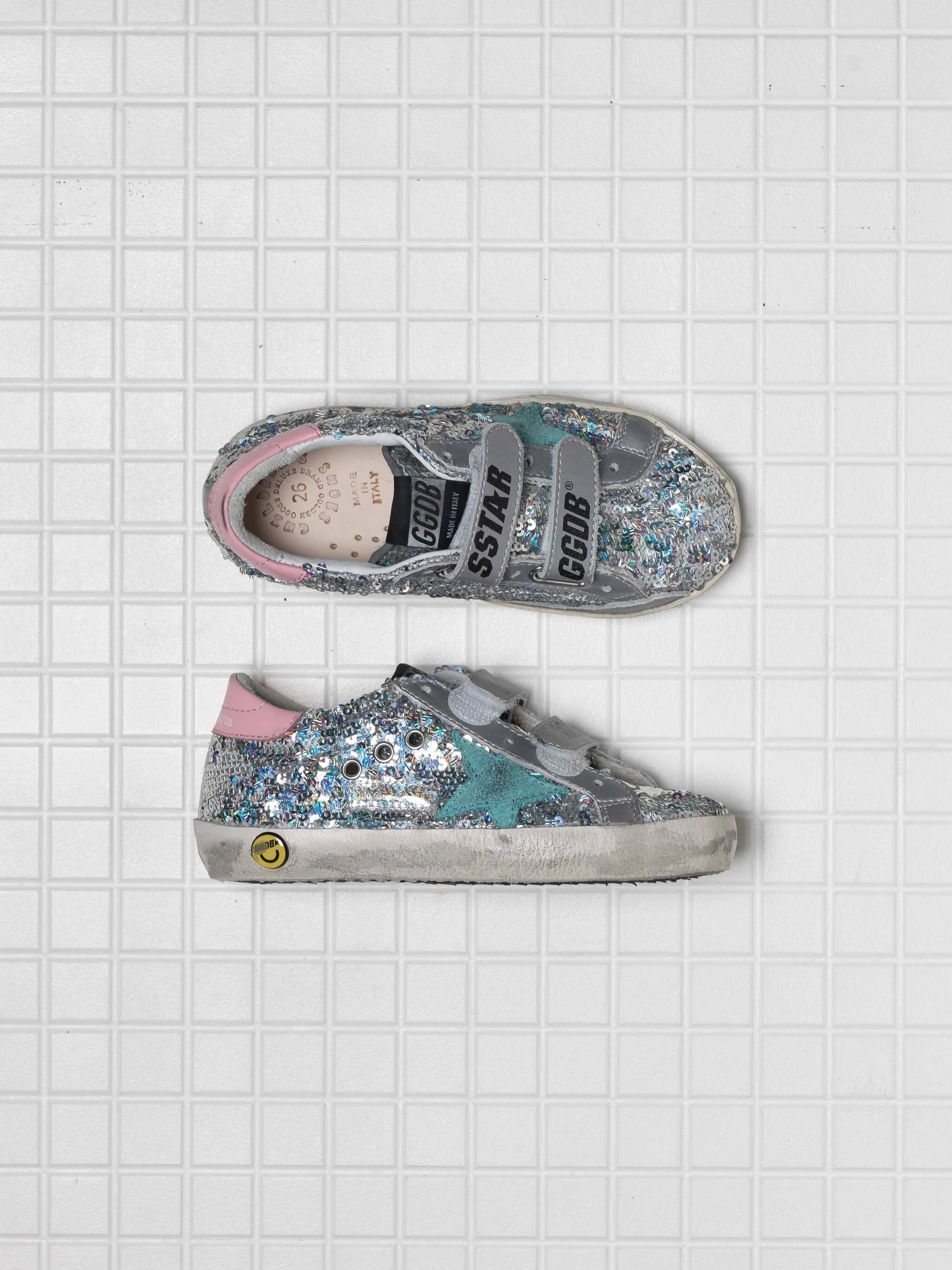Kids | Old School Young Paiettes with Green Suede Star & Pink Leather Heel Tab - Image 2