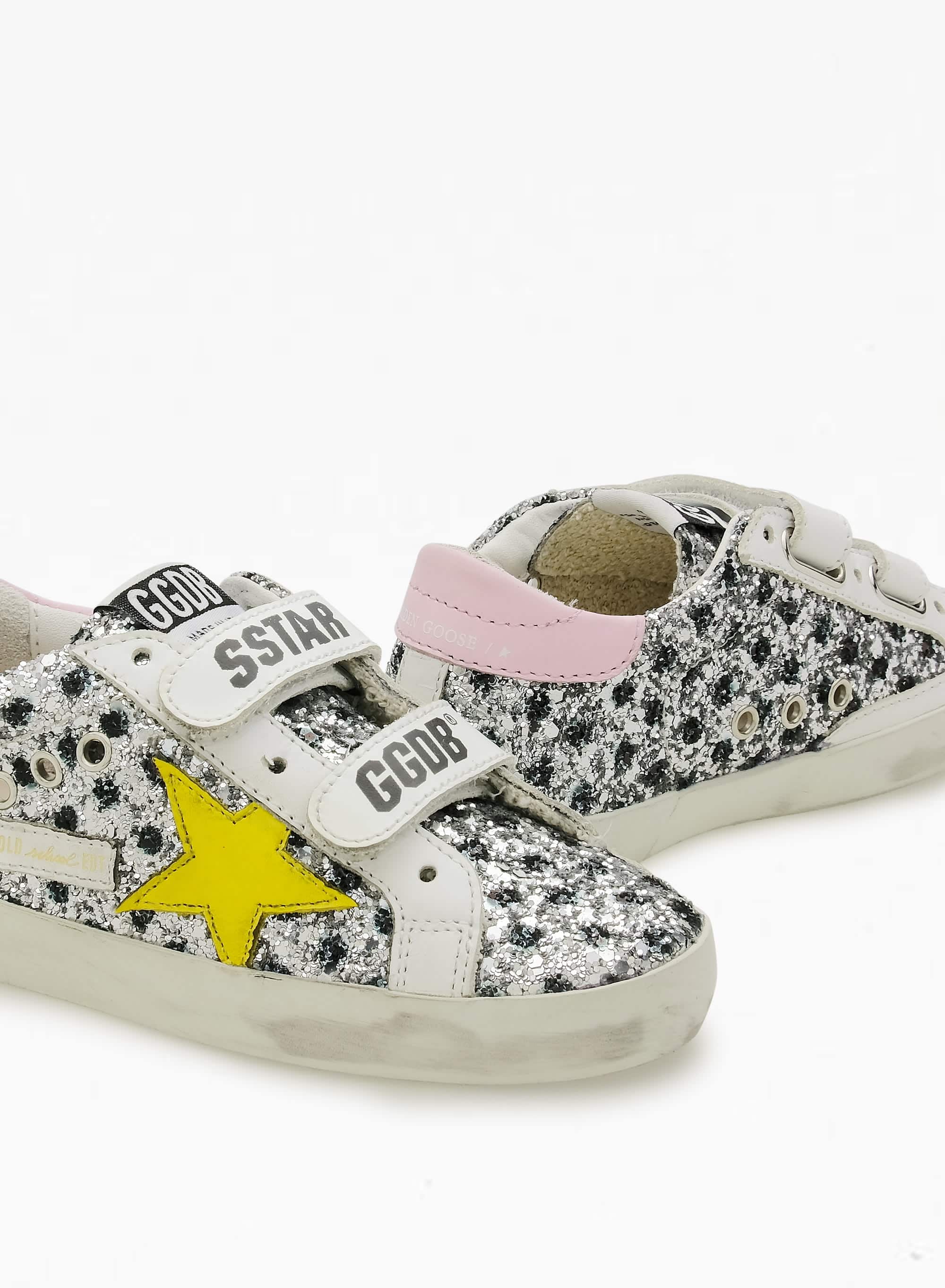 Kids | Old School Young Silver & Black Glitter with Yellow Leather Star & Pink Leather Heel Tab | Silver x Black Pois x White x Yellow x Pink - Image 2
