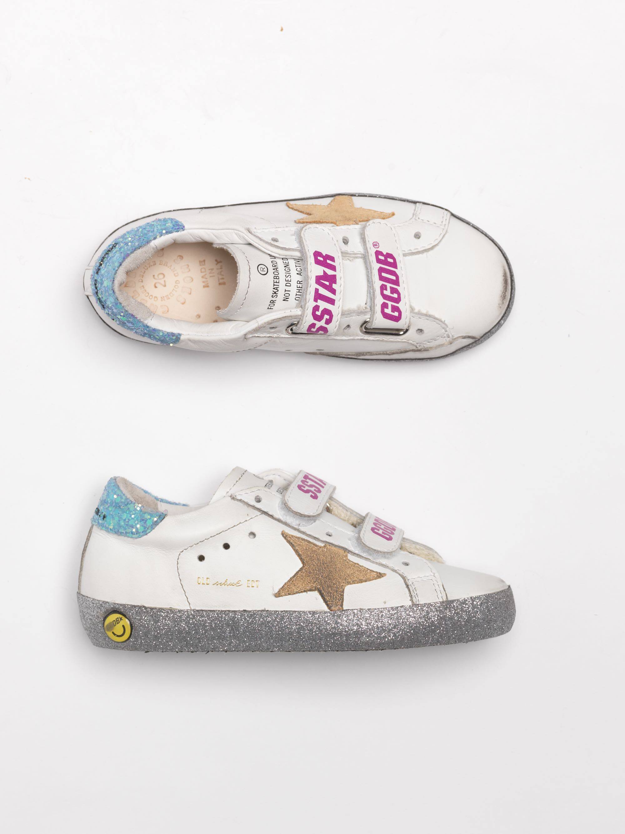 Kids | Old School Young White Leather with Yellow Suede Star & Turquoise Glitter Heel Tab