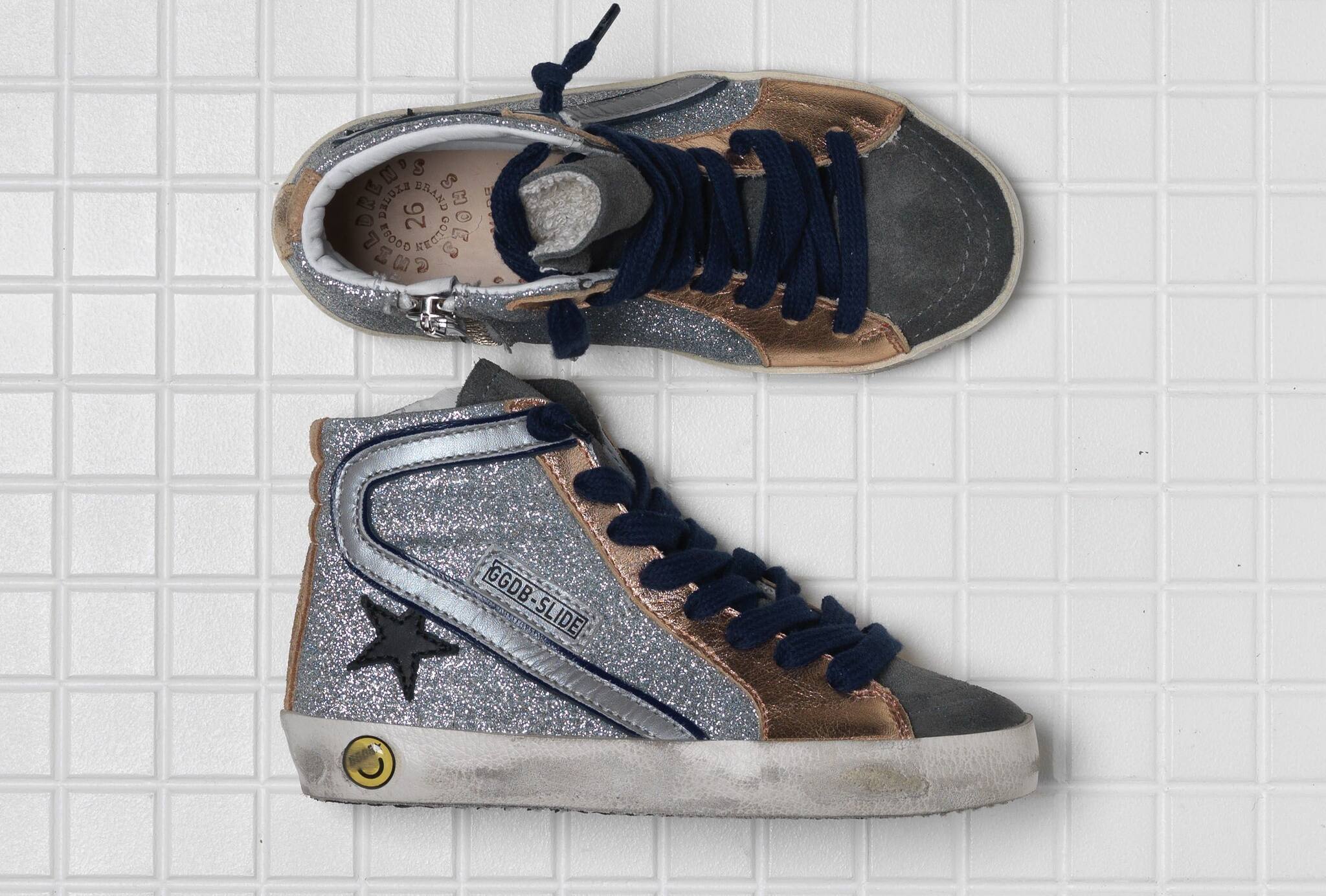 Kids | Slide Sneakers Silver Glitter with Rose Gold Inserts & Black Star - Image 2