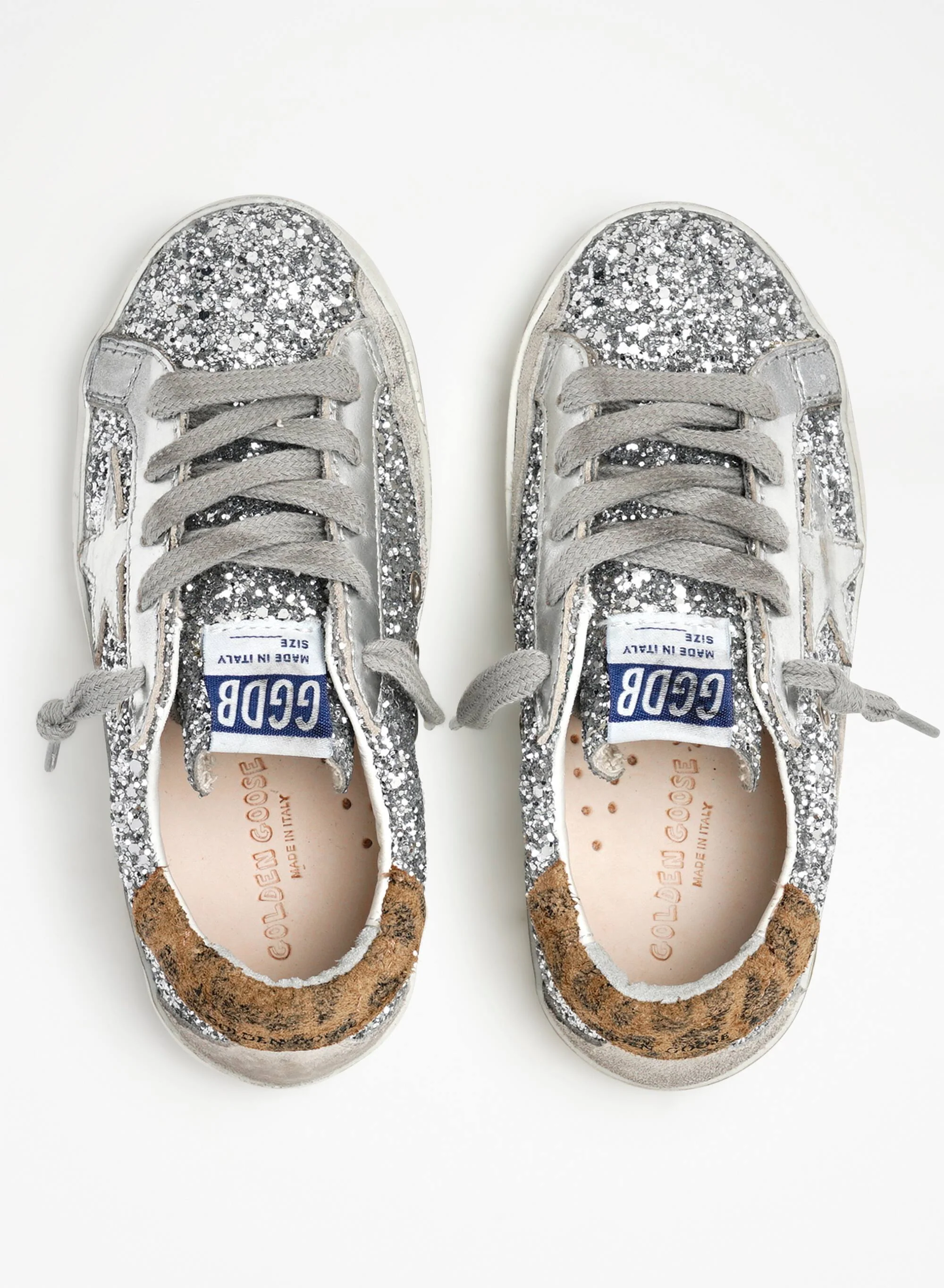Kids | Super-Star Junior Sneakers Silver Glitter with Silver Leather Star & Beige Suede Heel Tab | Silver x Beige Brown Leo x Ice