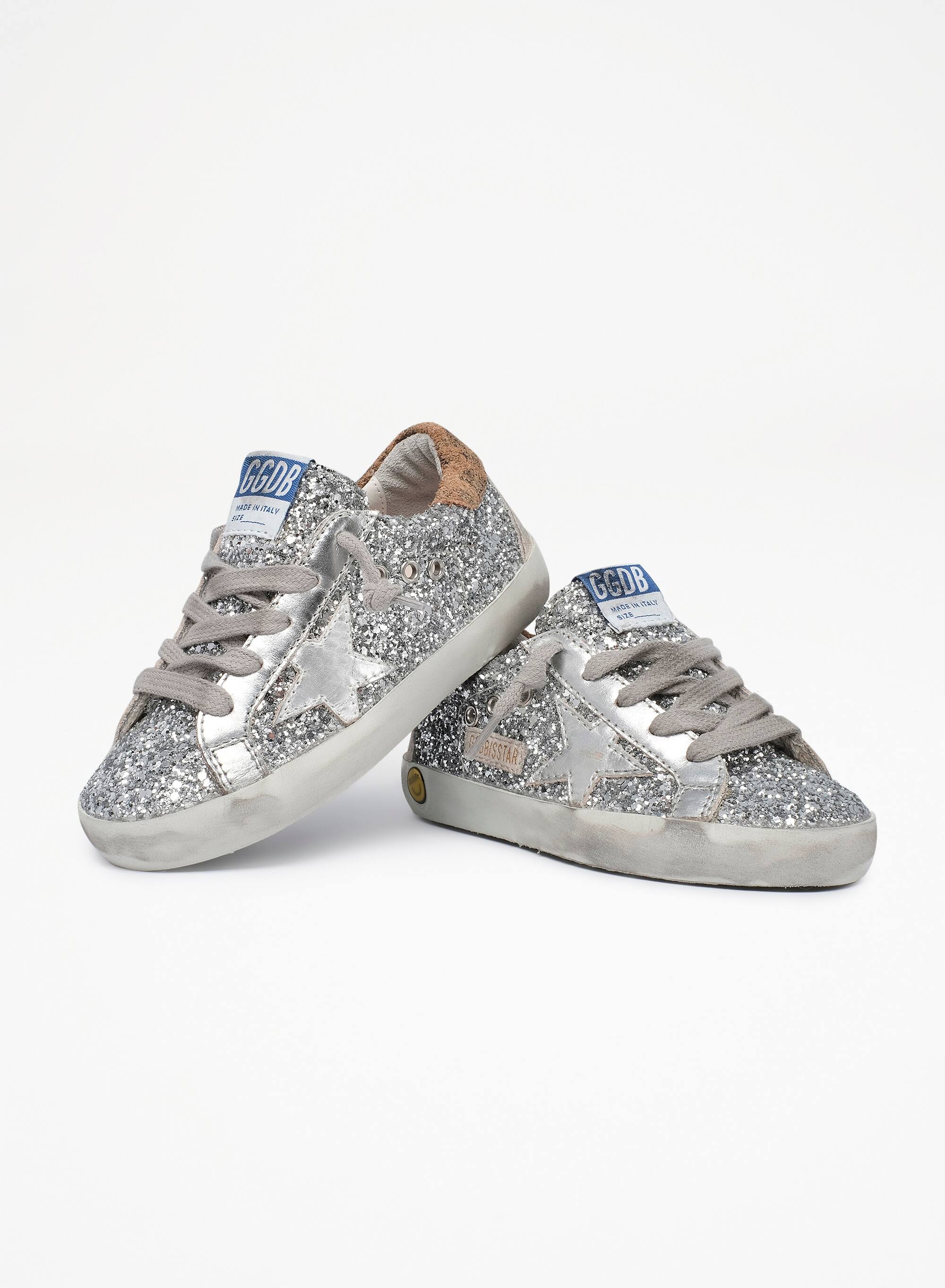 Kids | Super-Star Junior Sneakers Silver Glitter with Silver Leather Star & Beige Suede Heel Tab | Silver x Beige Brown Leo x Ice - Image 4