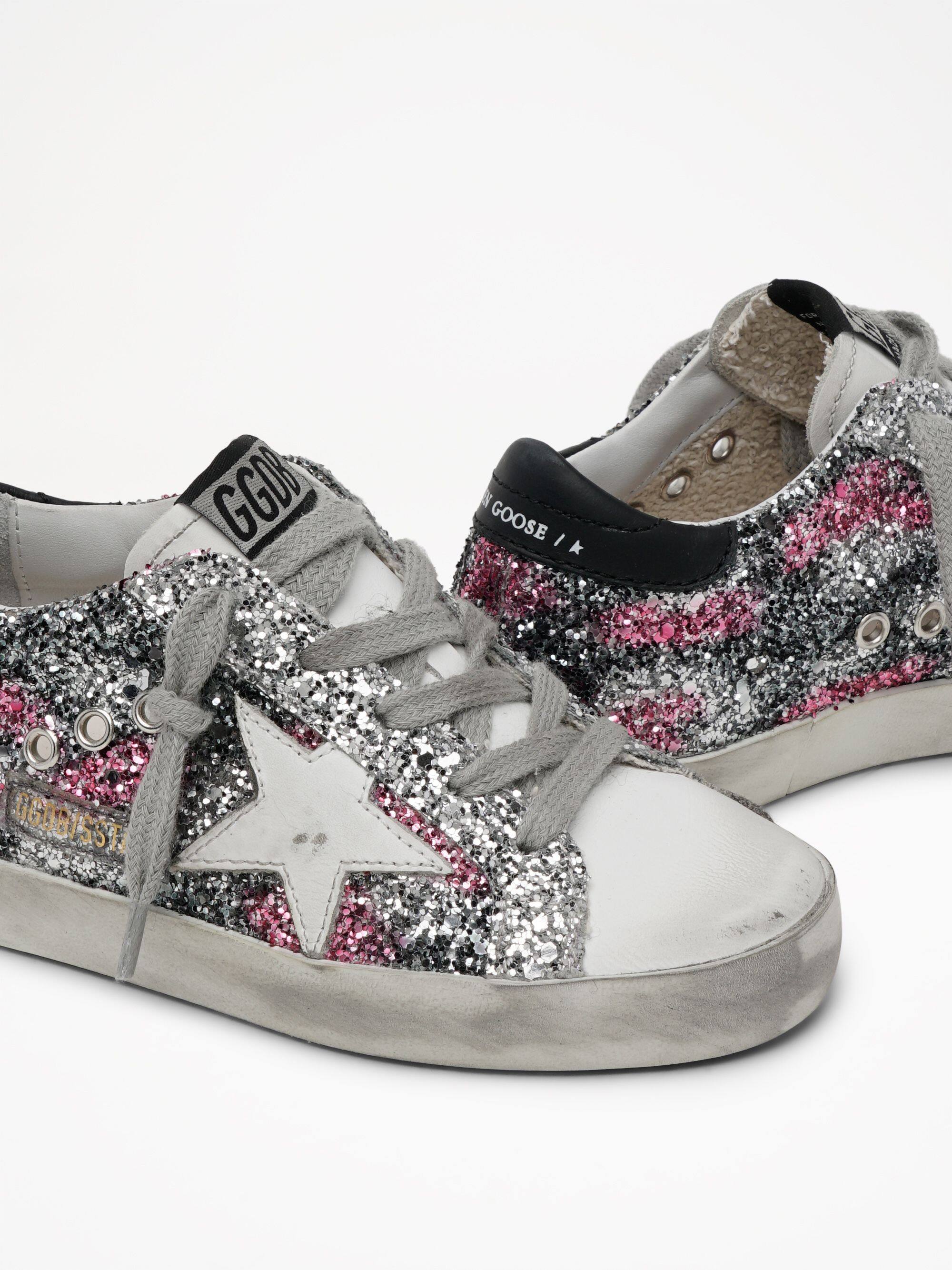 Kids | Super-Star Sneakers Glitter with White Leather Star & Black Heel Tab | Black x Silver x Fuxia x White