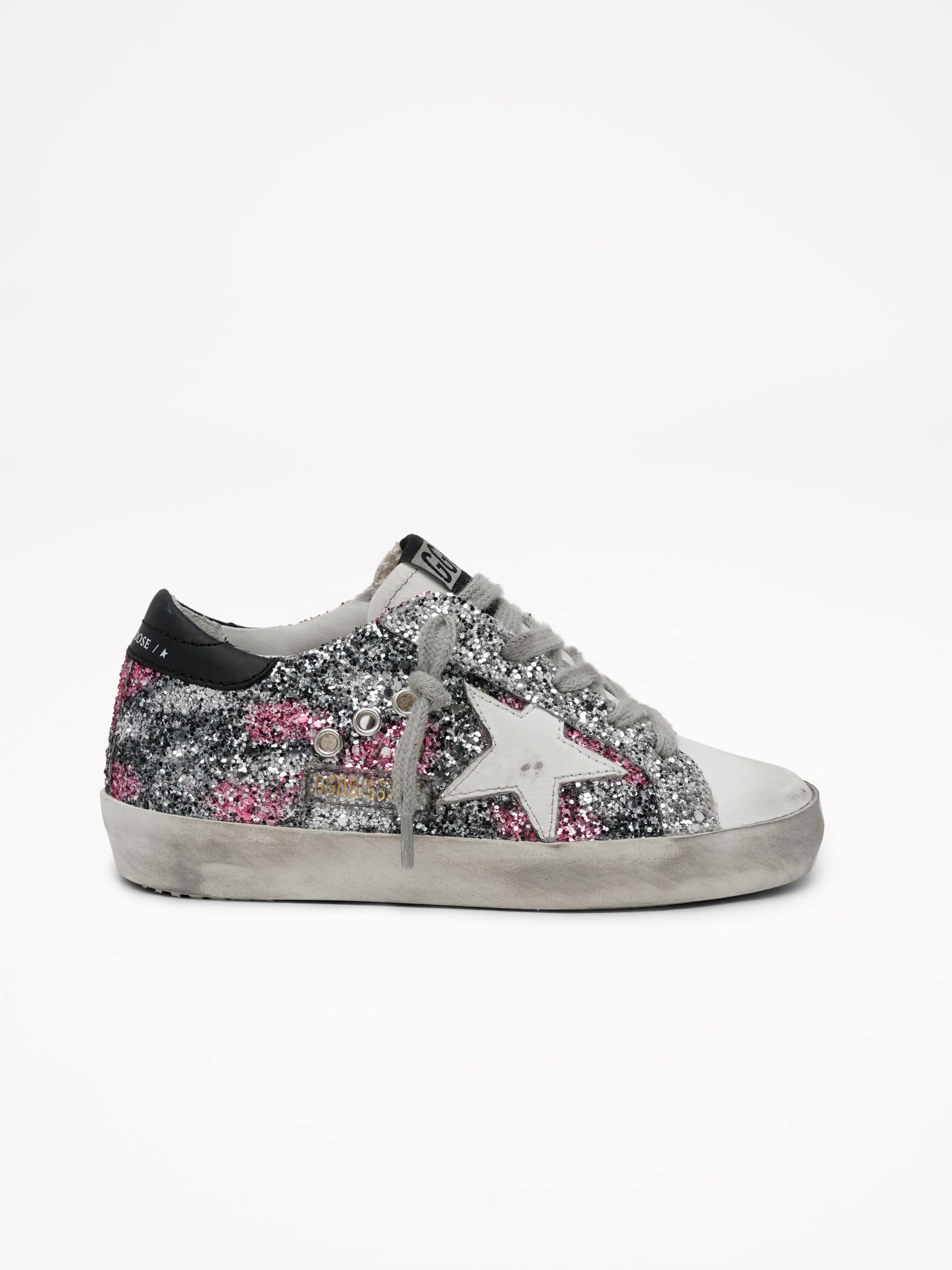 Kids | Super-Star Sneakers Glitter with White Leather Star & Black Heel Tab | Black x Silver x Fuxia x White - Image 3